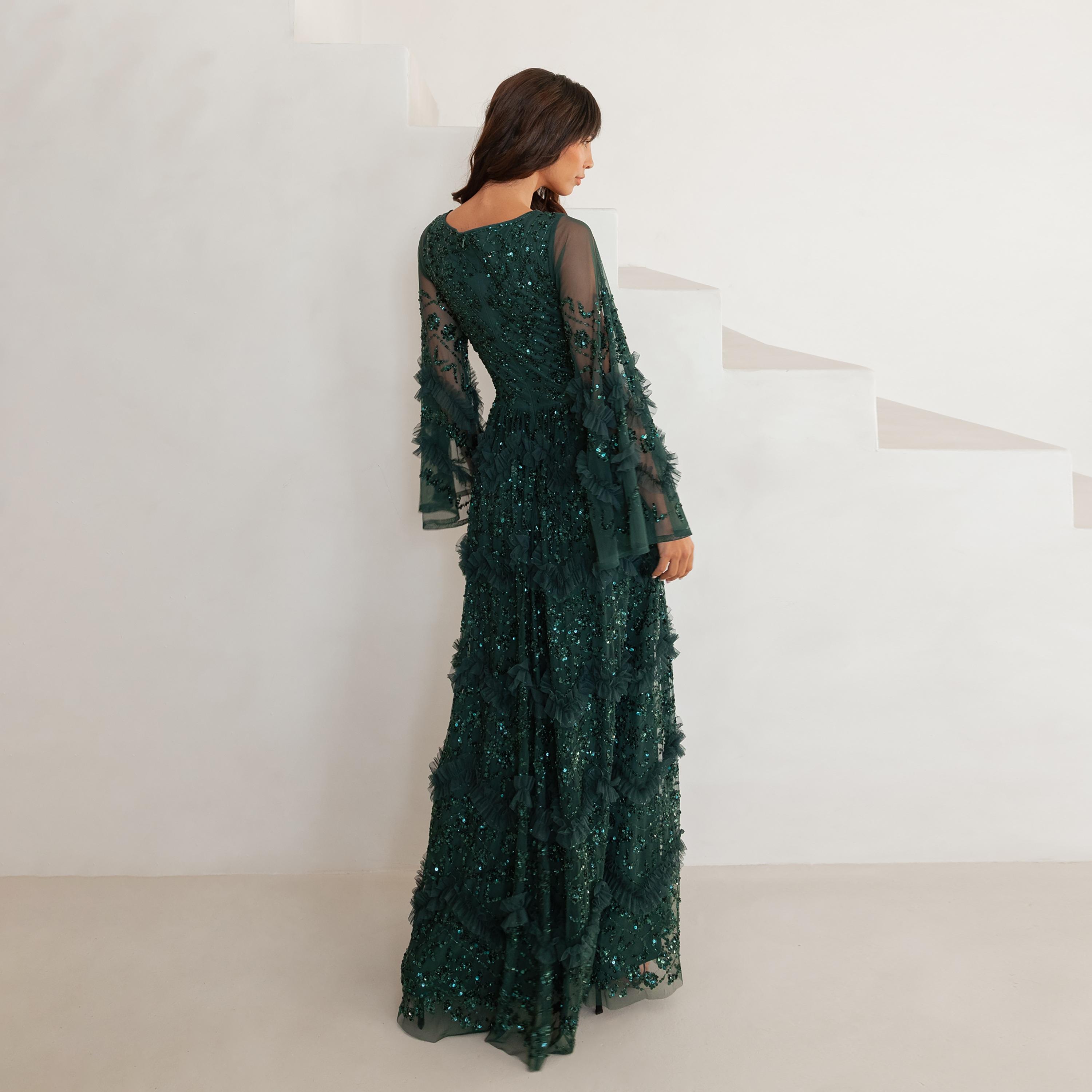 Maya Deluxe Sequined Tulle Flared Sleeves Slit Women's Evening Maxi Dress-women-clothing-dresses-image-2
