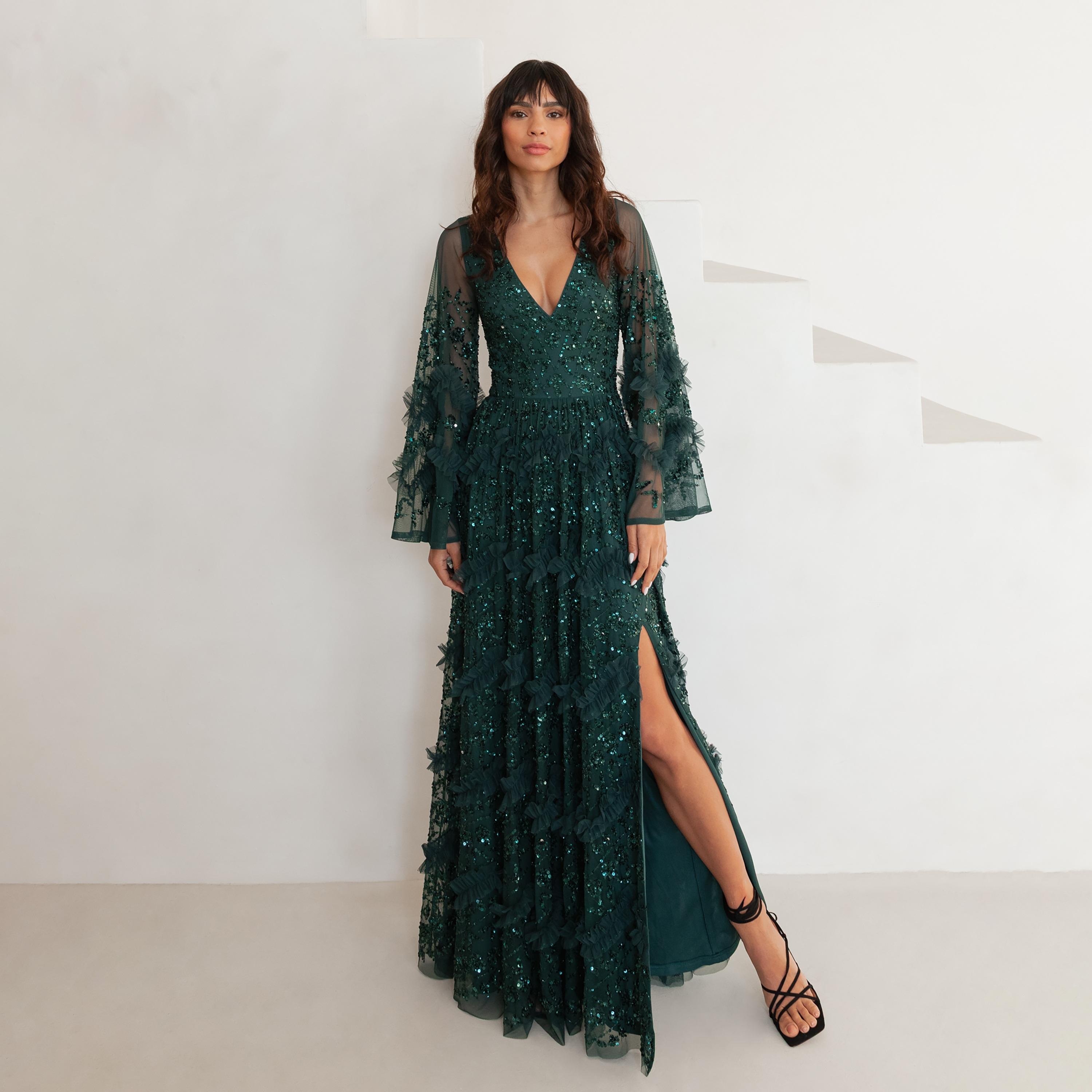 Maya Deluxe Sequined Tulle Flared Sleeves Slit Women's Evening Maxi Dress-women-clothing-dresses-image-3