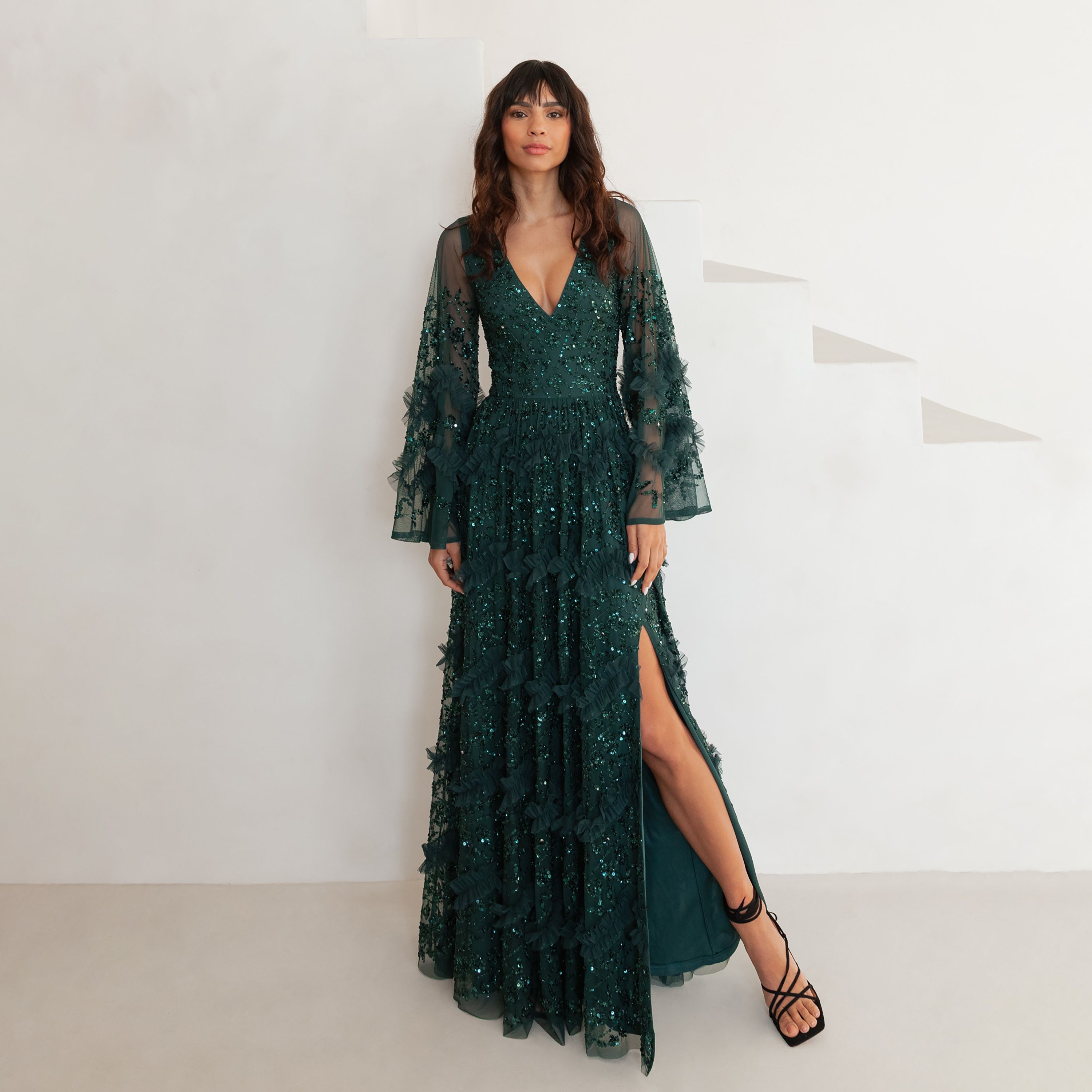 Maya Deluxe Sequined Tulle Flared Sleeves Slit Women's Evening Maxi Dress-women-clothing-dresses-image-9