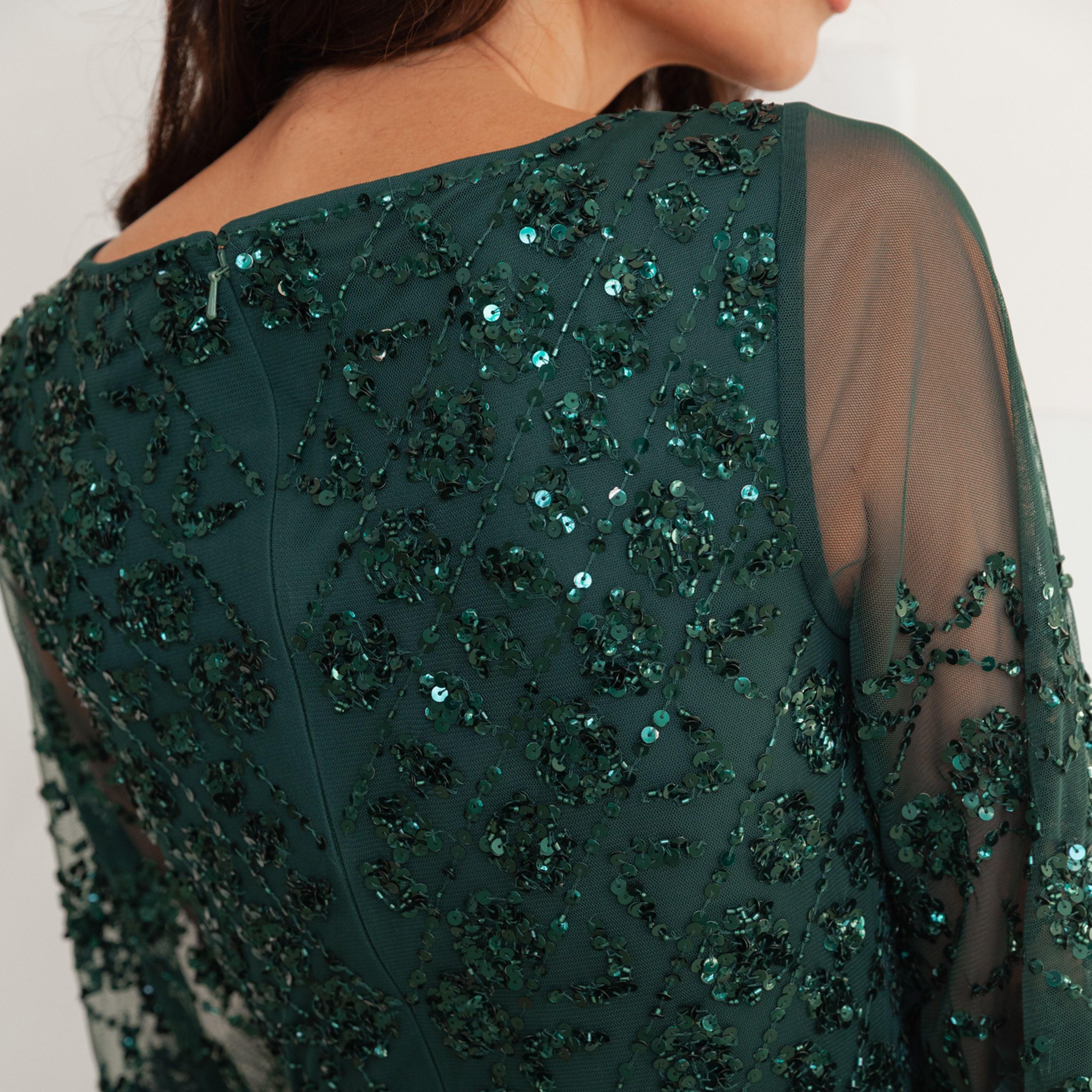 Maya Deluxe Sequined Tulle Flared Sleeves Slit Women's Evening Maxi Dress-women-clothing-dresses-image-6