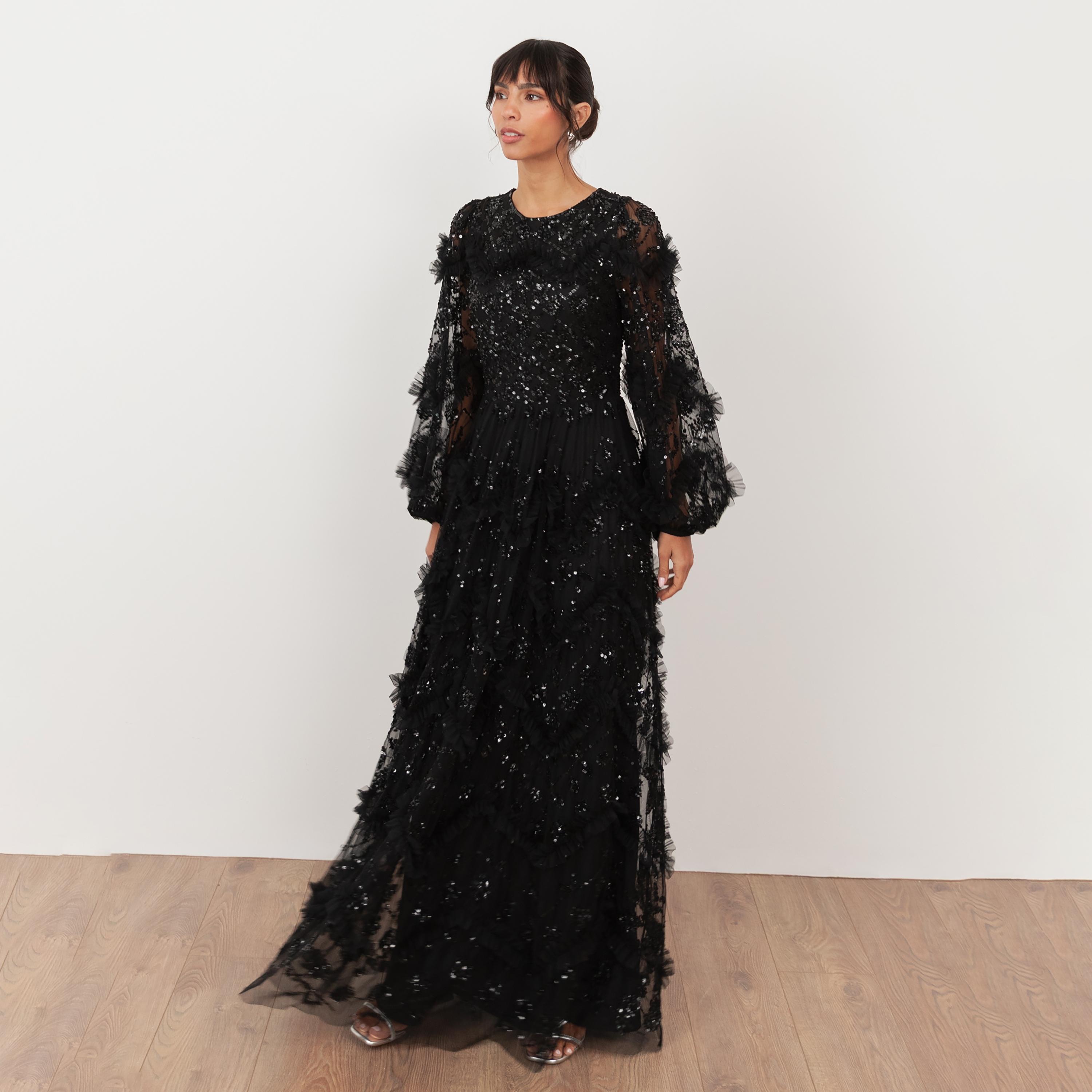 Maya Deluxe Black Sequined Tulle Flared Sleeves Slit Women's Evening Maxi Dress-women-clothing-dresses-image-1
