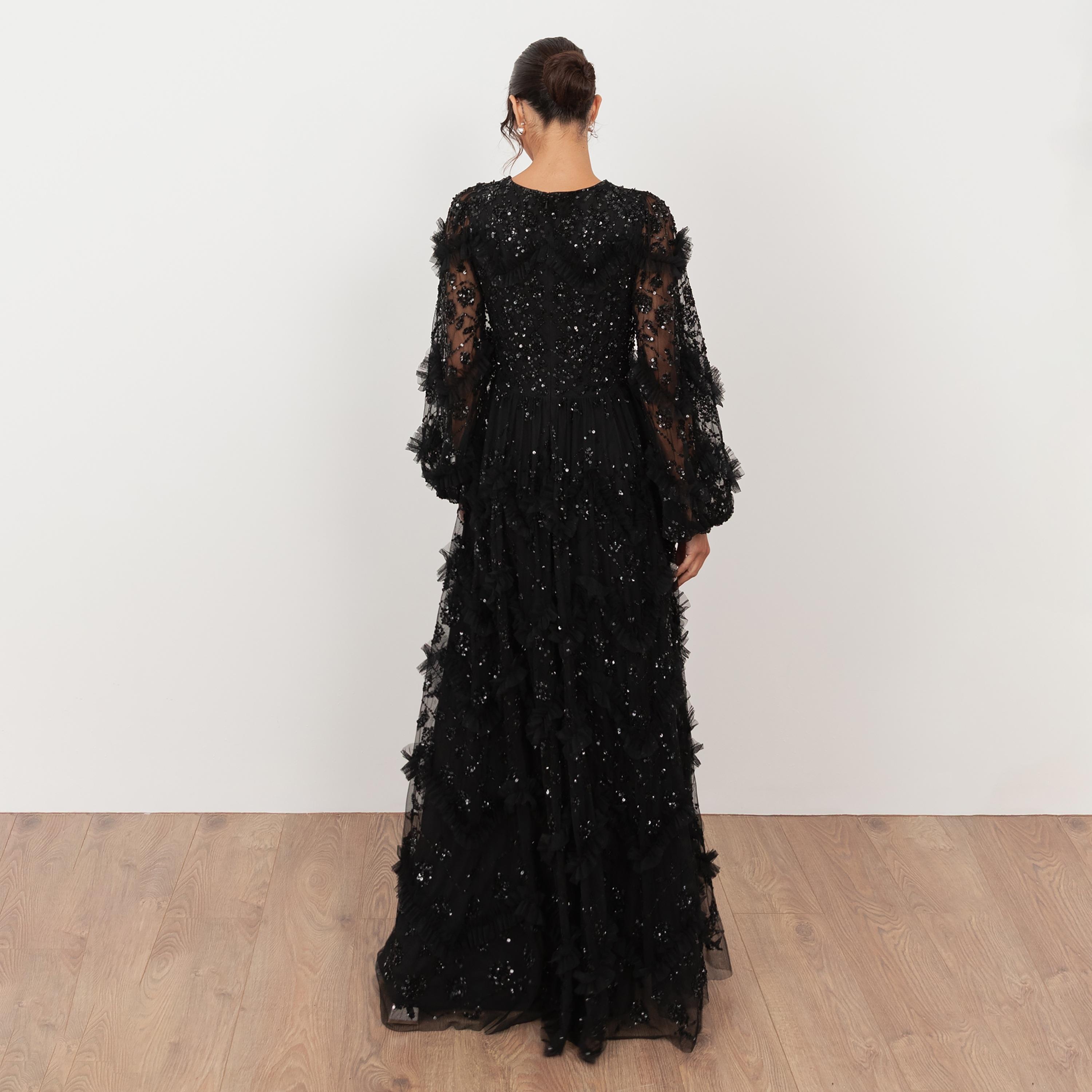 Maya Deluxe Black Sequined Tulle Flared Sleeves Slit Women's Evening Maxi Dress-women-clothing-dresses-image-2