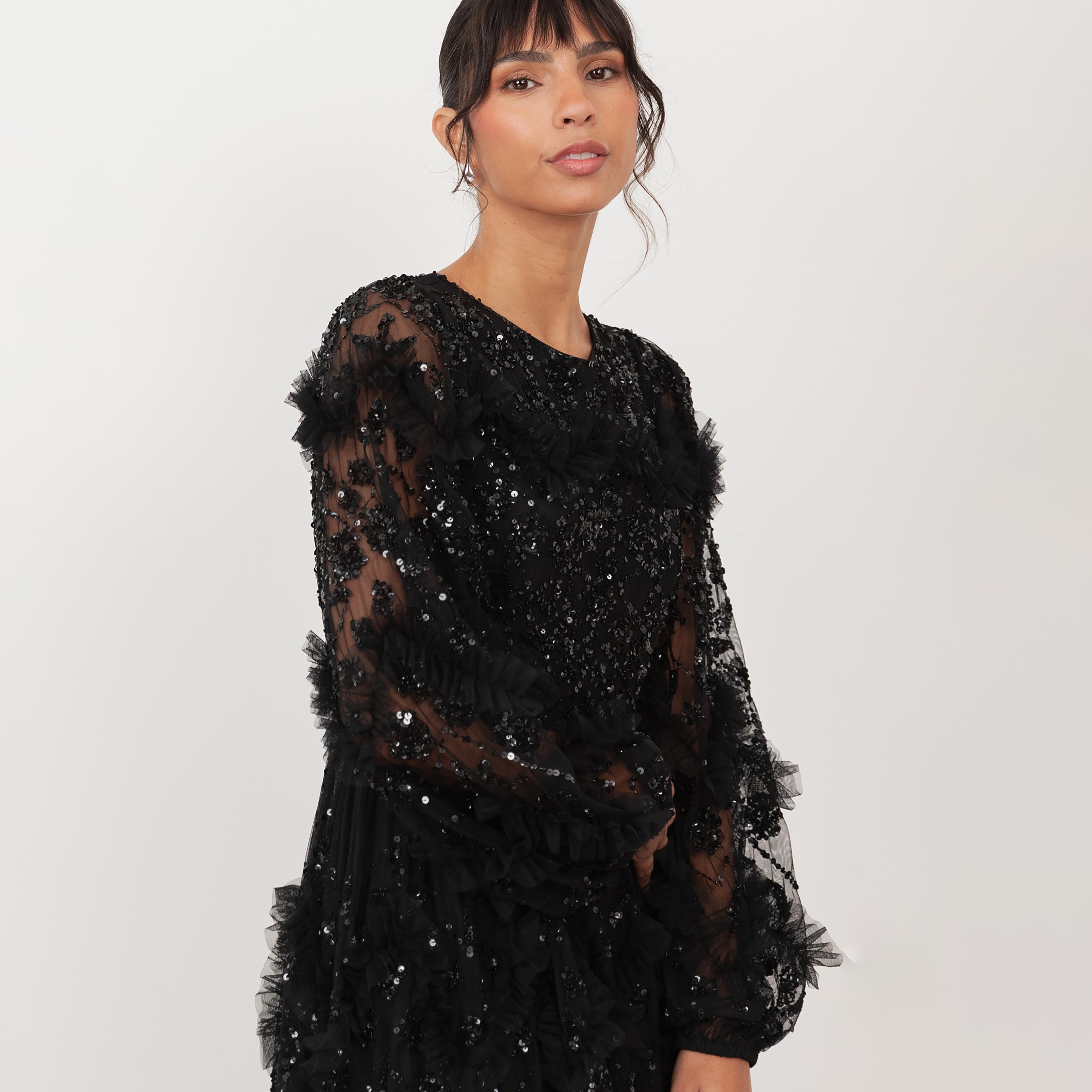 Maya Deluxe Black Sequined Tulle Flared Sleeves Slit Women's Evening Maxi Dress-women-clothing-dresses-image-3