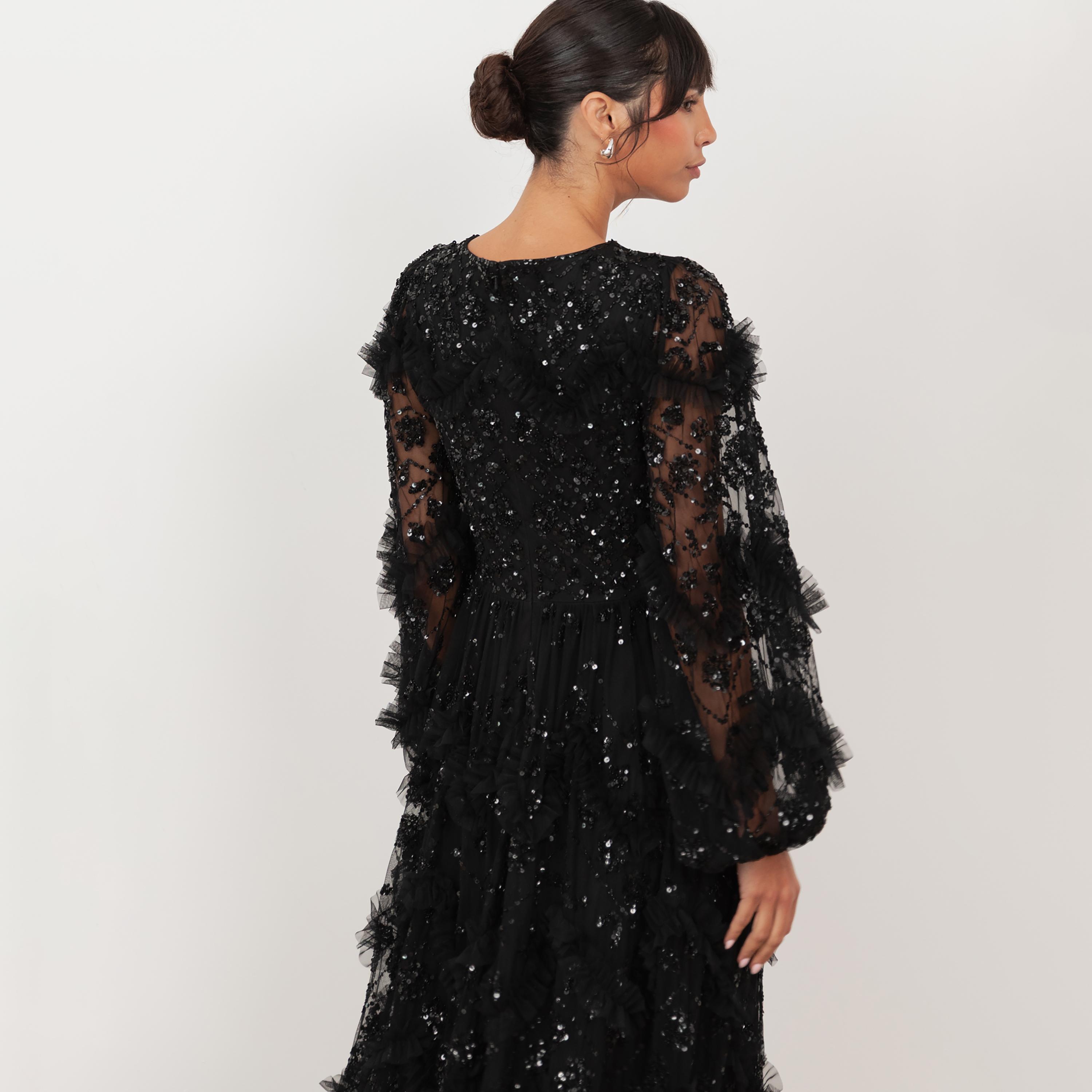 Maya Deluxe Black Sequined Tulle Flared Sleeves Slit Women's Evening Maxi Dress-women-clothing-dresses-image-4