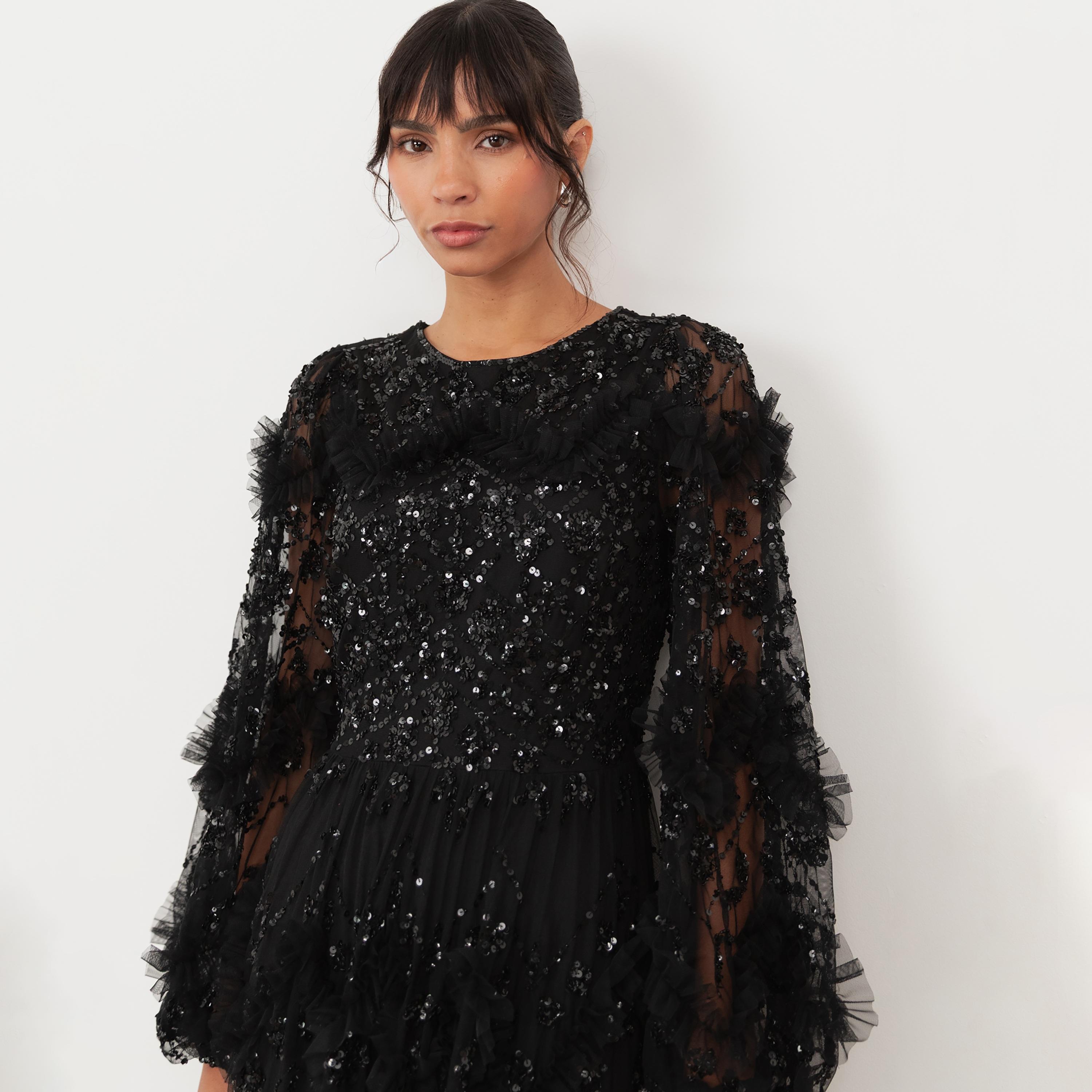Maya Deluxe Black Sequined Tulle Flared Sleeves Slit Women's Evening Maxi Dress-women-clothing-dresses-image-5