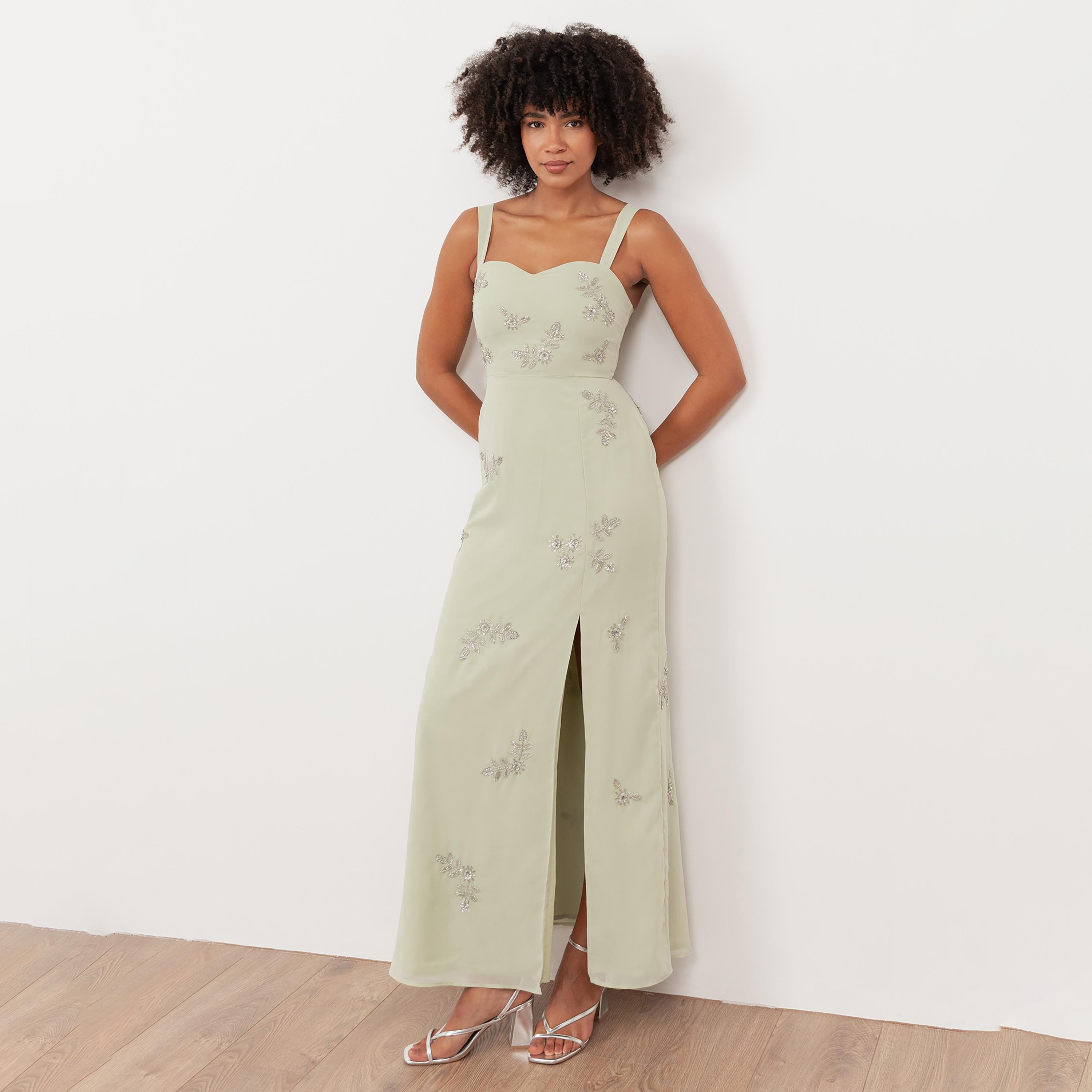 Maya Deluxe Meadow Green Beaded Georgette Sweetheart Neck Slit Women's Maxi Dress-women-clothing-dresses-image-1