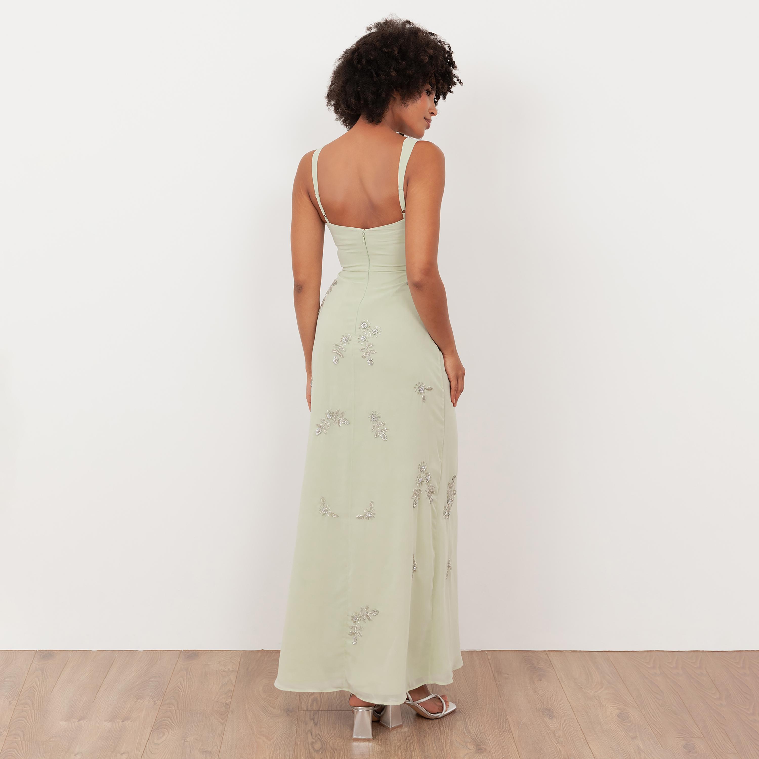 Maya Deluxe Meadow Green Beaded Georgette Sweetheart Neck Slit Women's Maxi Dress-women-clothing-dresses-image-2