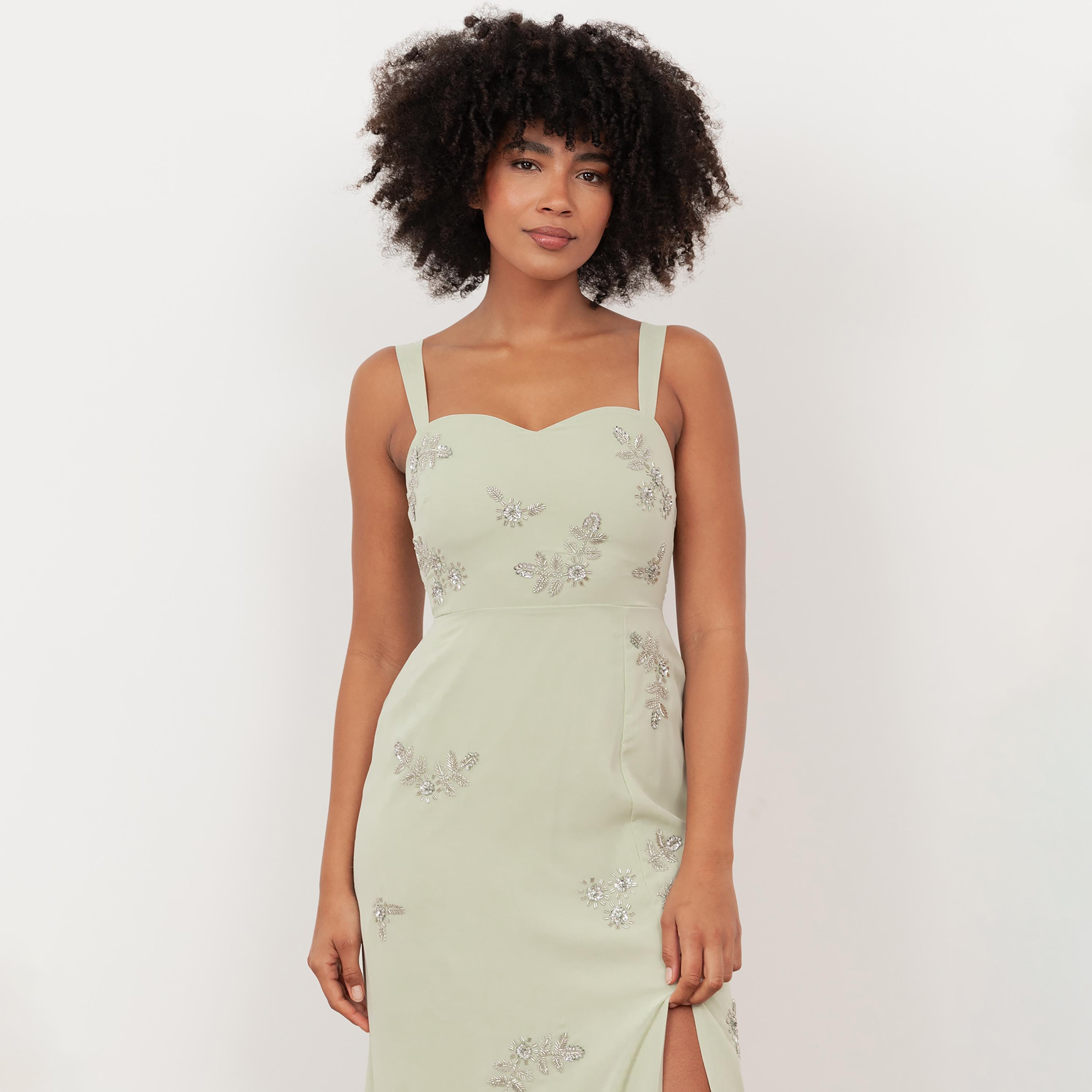 Maya Deluxe Meadow Green Beaded Georgette Sweetheart Neck Slit Women's Maxi Dress-women-clothing-dresses-image-3