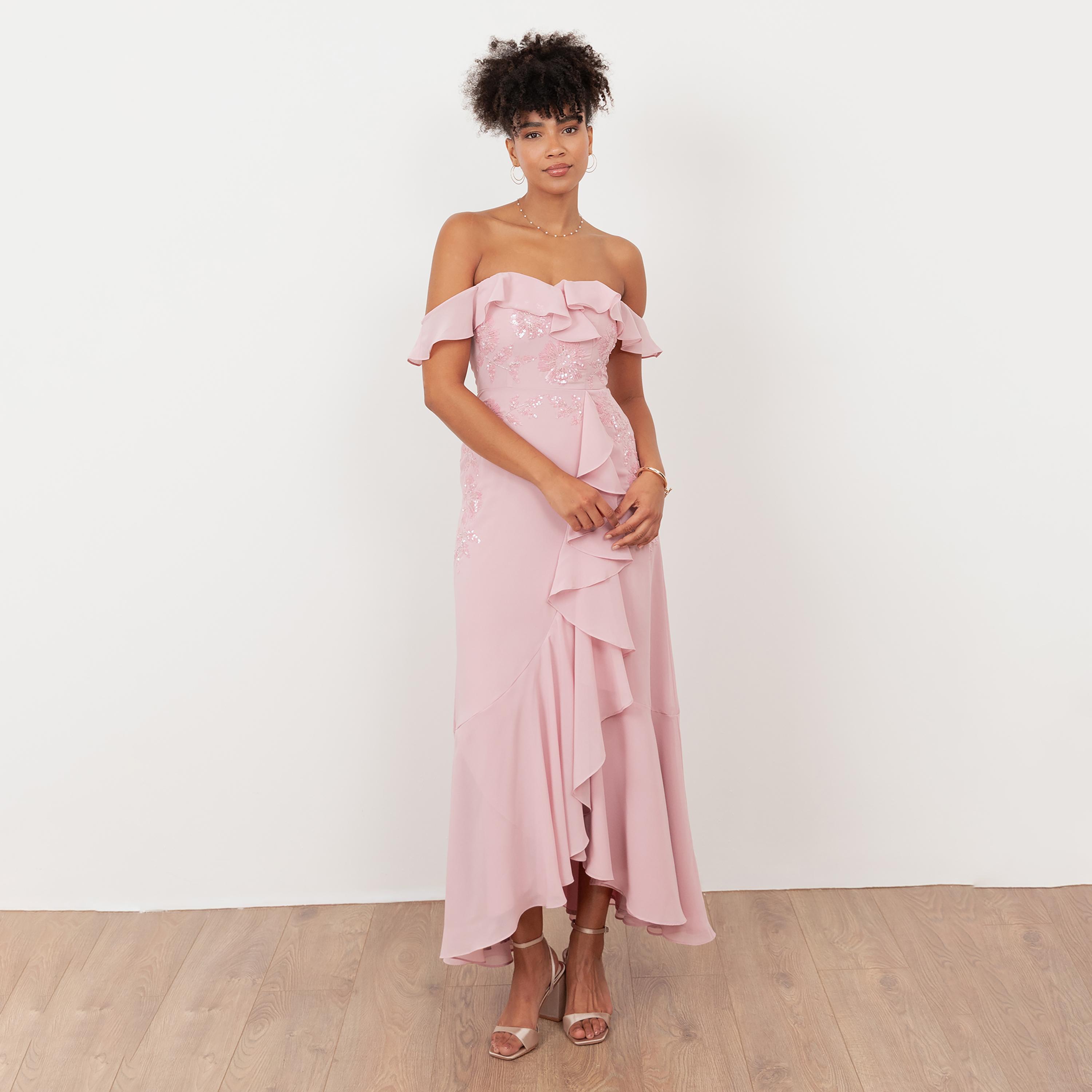 Maya Deluxe Soft Pink Sequined Georgette Off-Shoulder Trumpet Women's Midaxi Dress-women-clothing-dresses-image-1