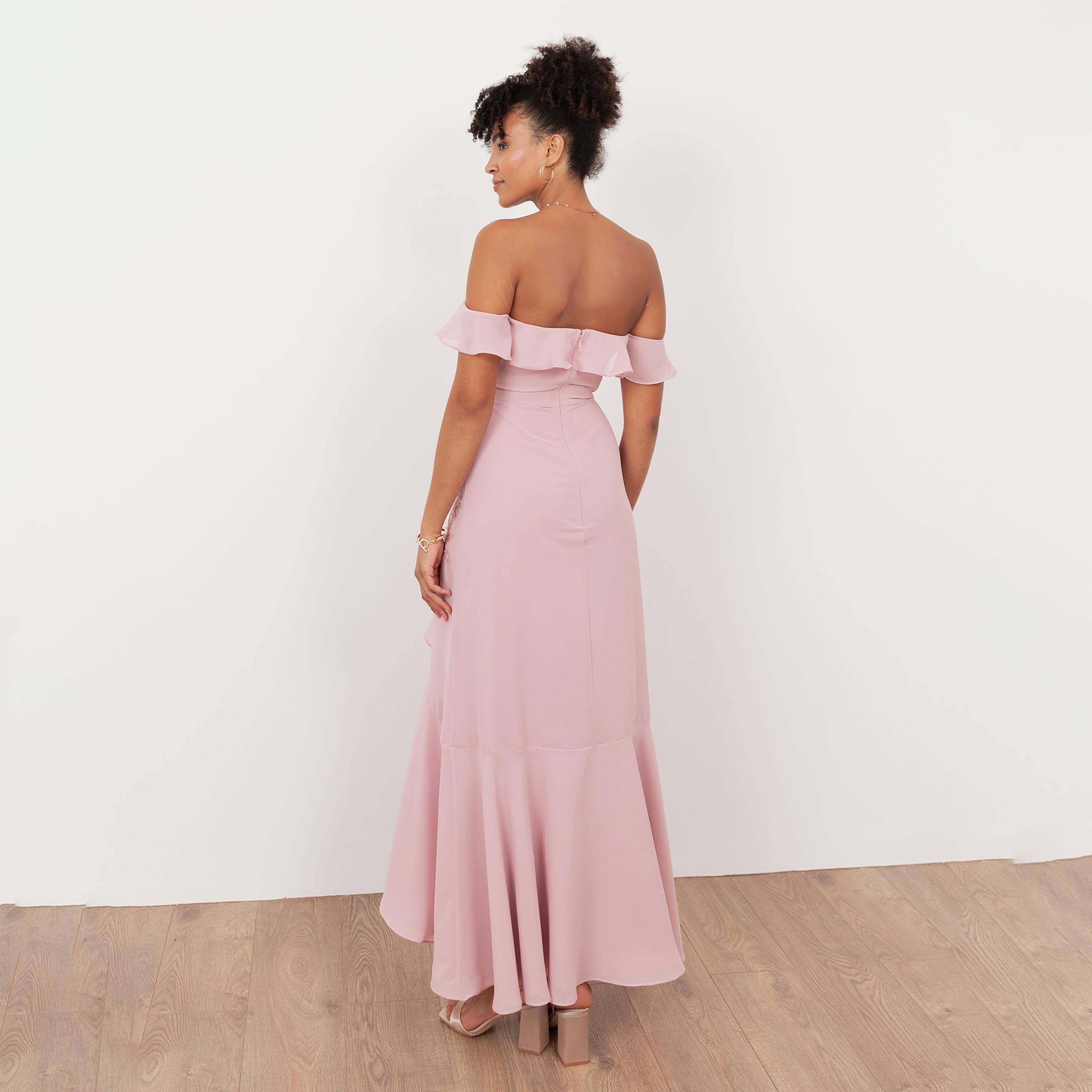 Maya Deluxe Soft Pink Sequined Georgette Off-Shoulder Trumpet Women's Midaxi Dress-women-clothing-dresses-image-2