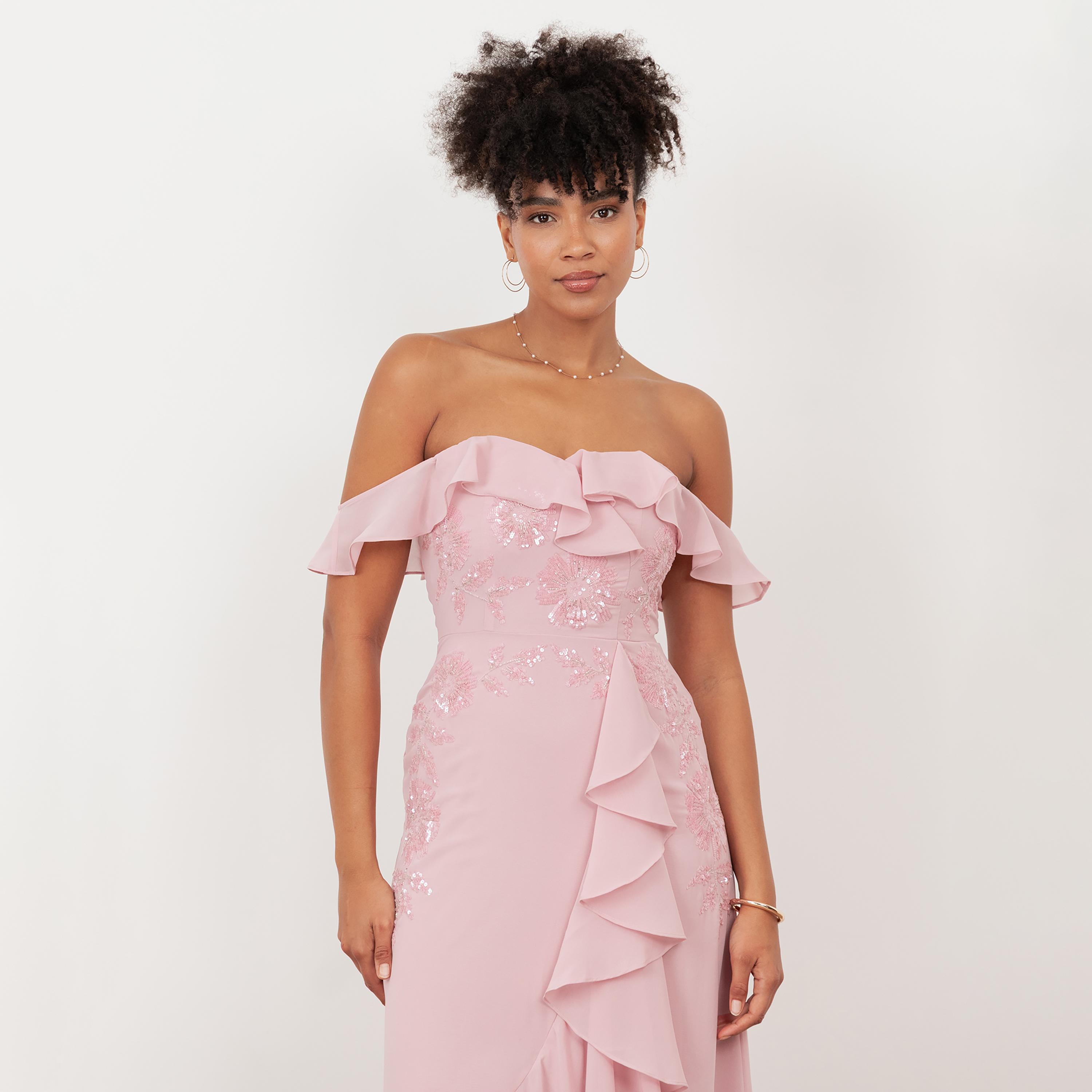 Maya Deluxe Soft Pink Sequined Georgette Off-Shoulder Trumpet Women's Midaxi Dress-women-clothing-dresses-image-3
