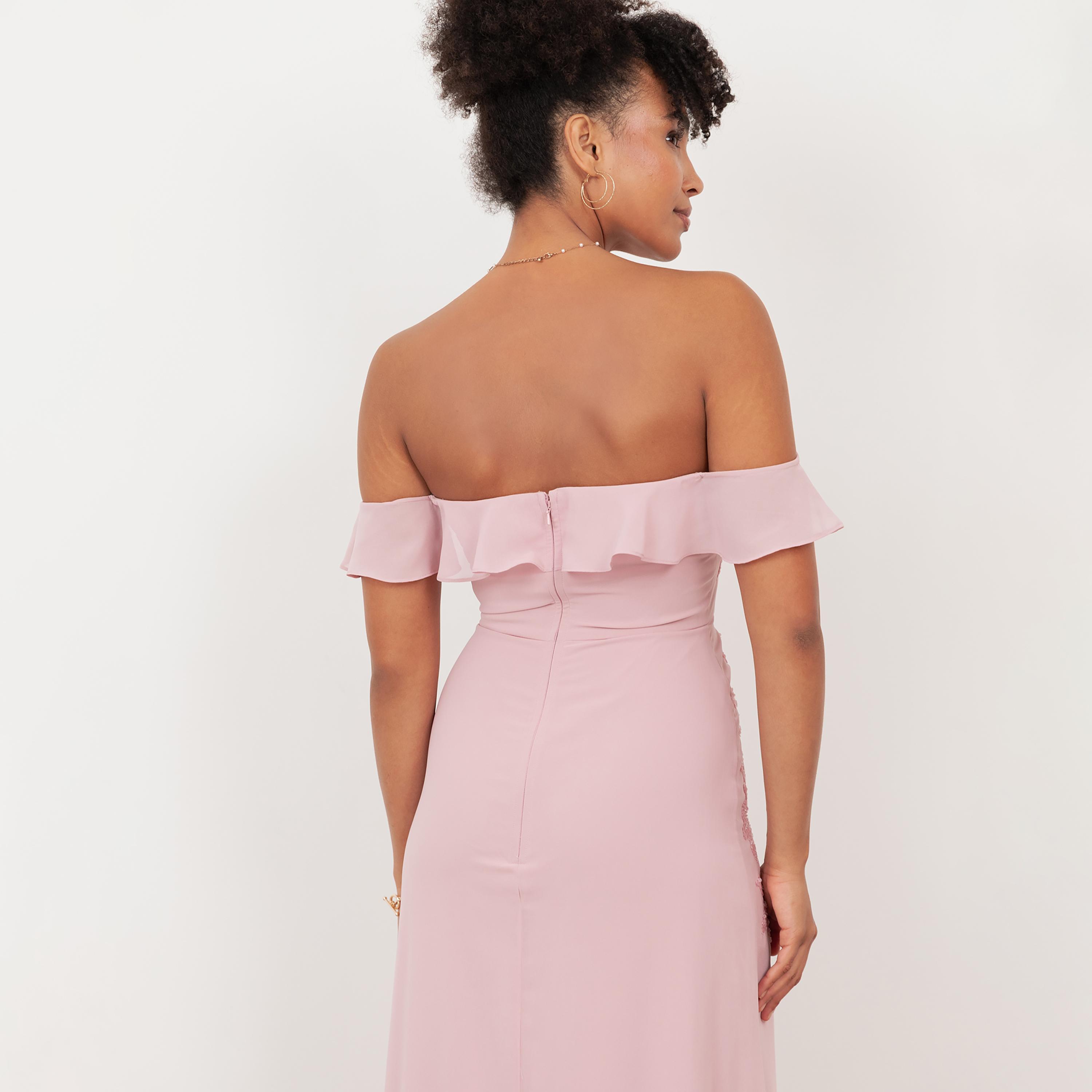 Maya Deluxe Soft Pink Sequined Georgette Off-Shoulder Trumpet Women's Midaxi Dress-women-clothing-dresses-image-4