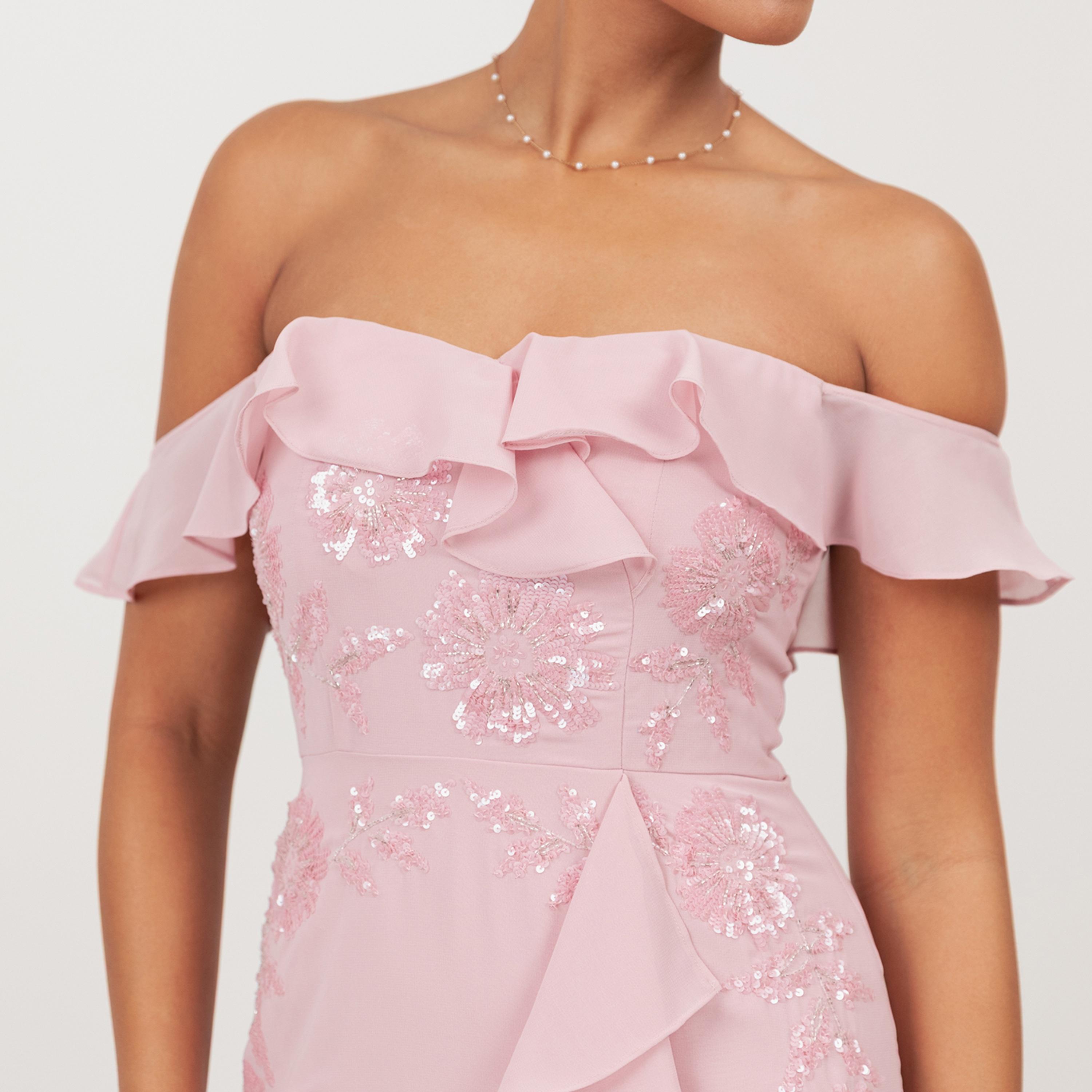 Maya Deluxe Soft Pink Sequined Georgette Off-Shoulder Trumpet Women's Midaxi Dress-women-clothing-dresses-image-5