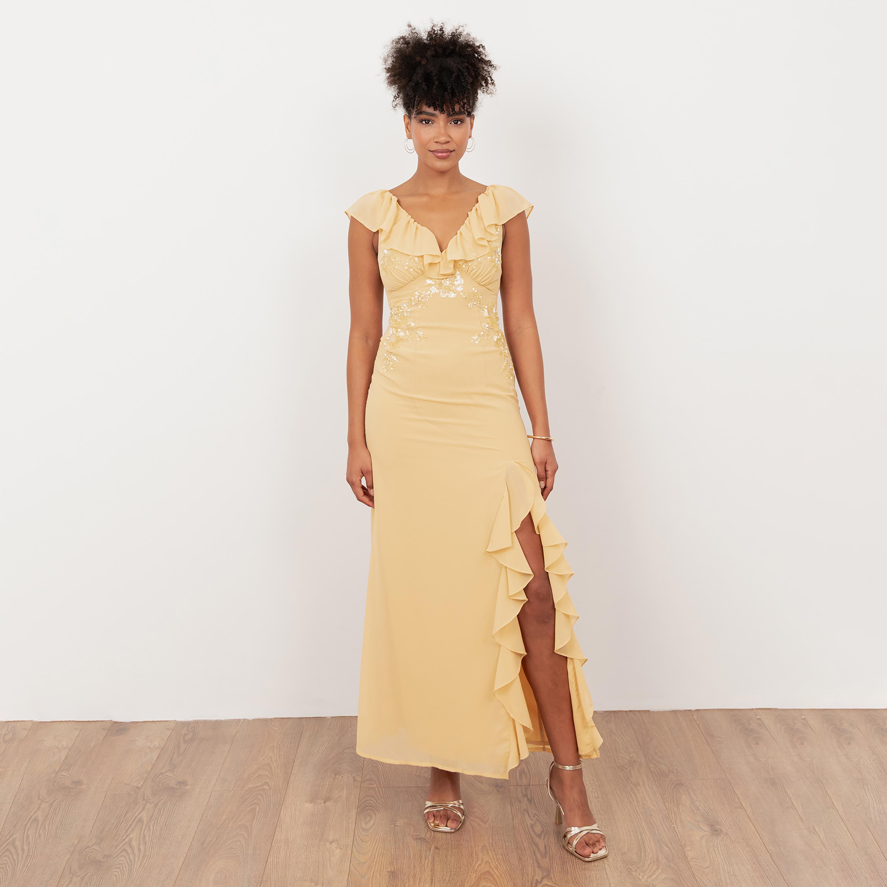 Maya Deluxe Buttercream Sequined Georgette Cap Sleeves Slit Women's Maxi Dress-women-clothing-dresses-image-1
