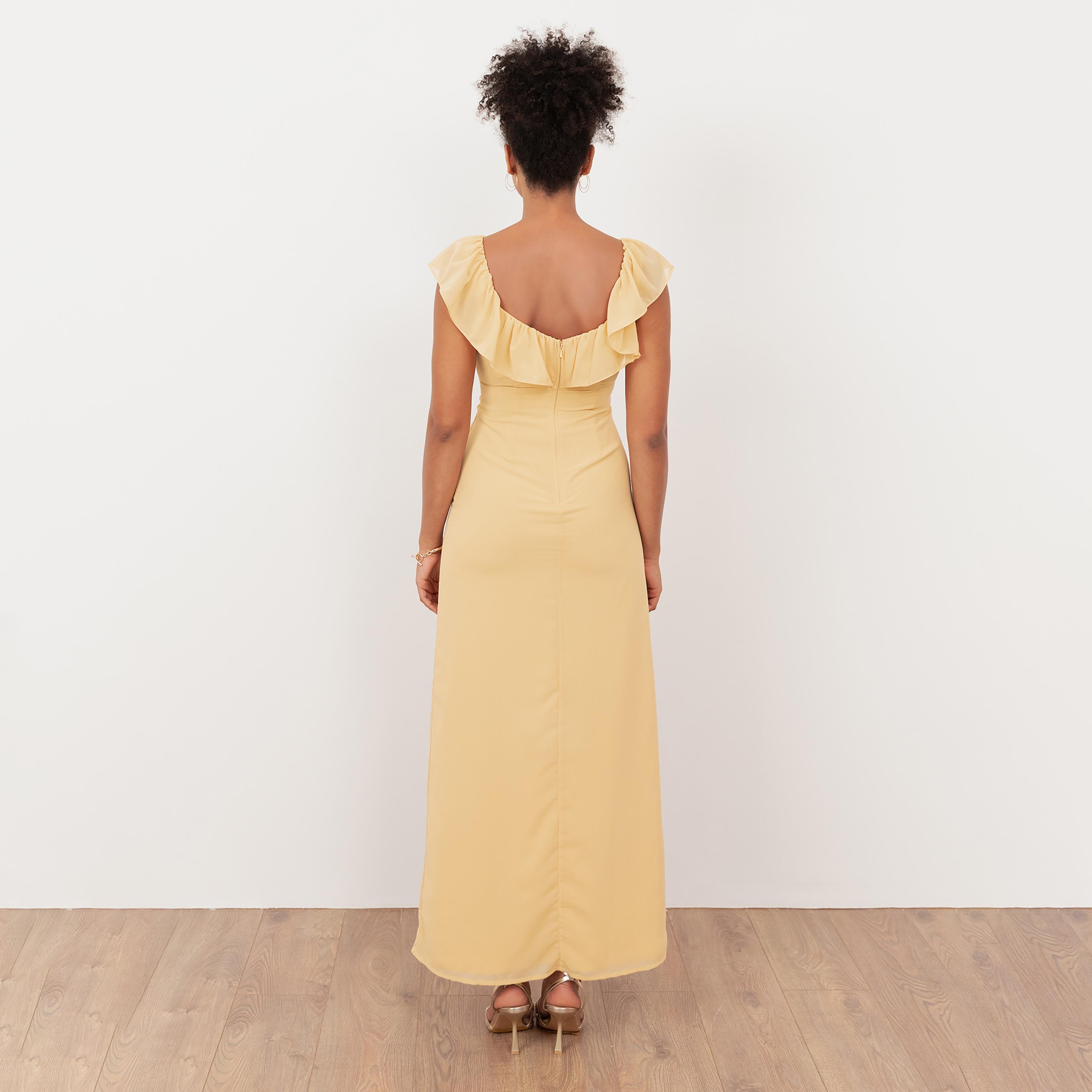 Maya Deluxe Buttercream Sequined Georgette Cap Sleeves Slit Women's Maxi Dress-women-clothing-dresses-image-2