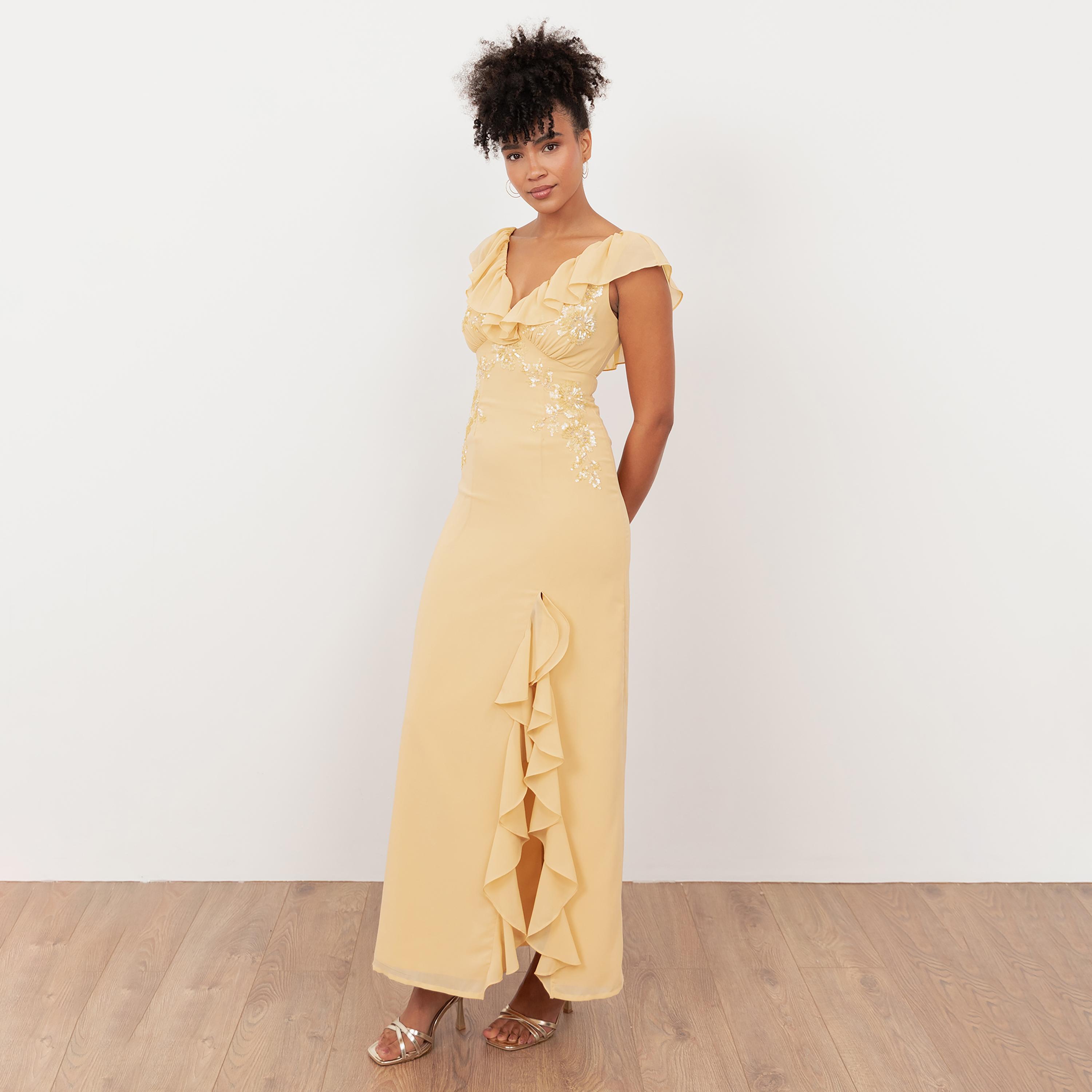 Maya Deluxe Buttercream Sequined Georgette Cap Sleeves Slit Women's Maxi Dress-women-clothing-dresses-image-3