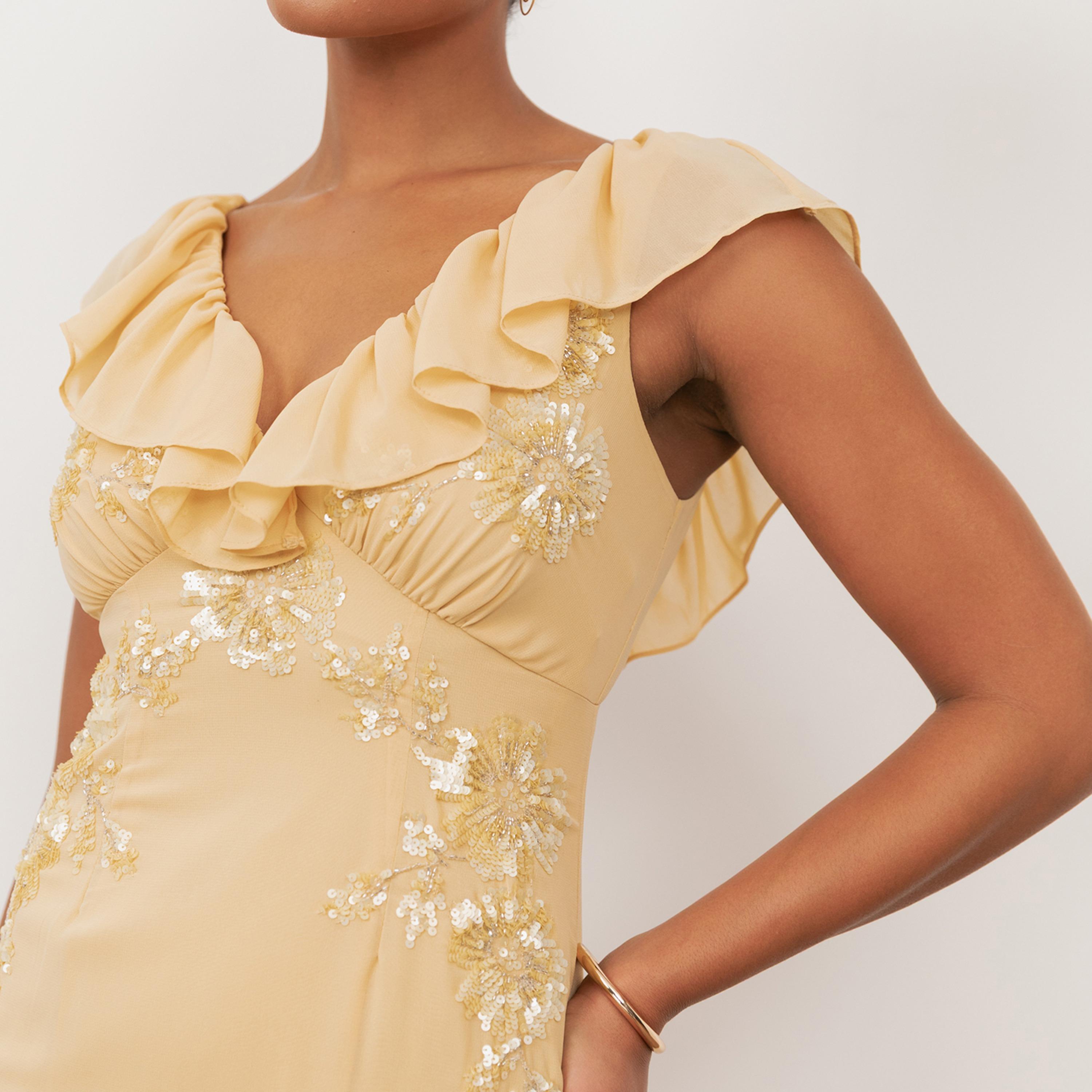 Maya Deluxe Buttercream Sequined Georgette Cap Sleeves Slit Women's Maxi Dress-women-clothing-dresses-image-4