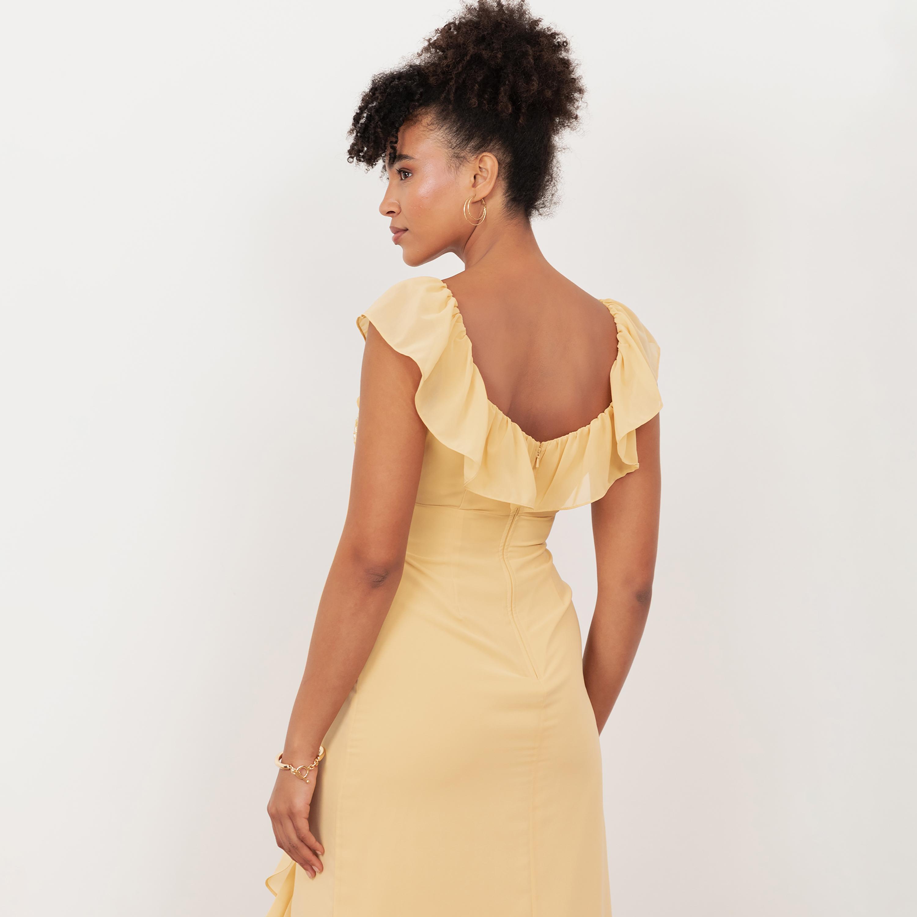 Maya Deluxe Buttercream Sequined Georgette Cap Sleeves Slit Women's Maxi Dress-women-clothing-dresses-image-5