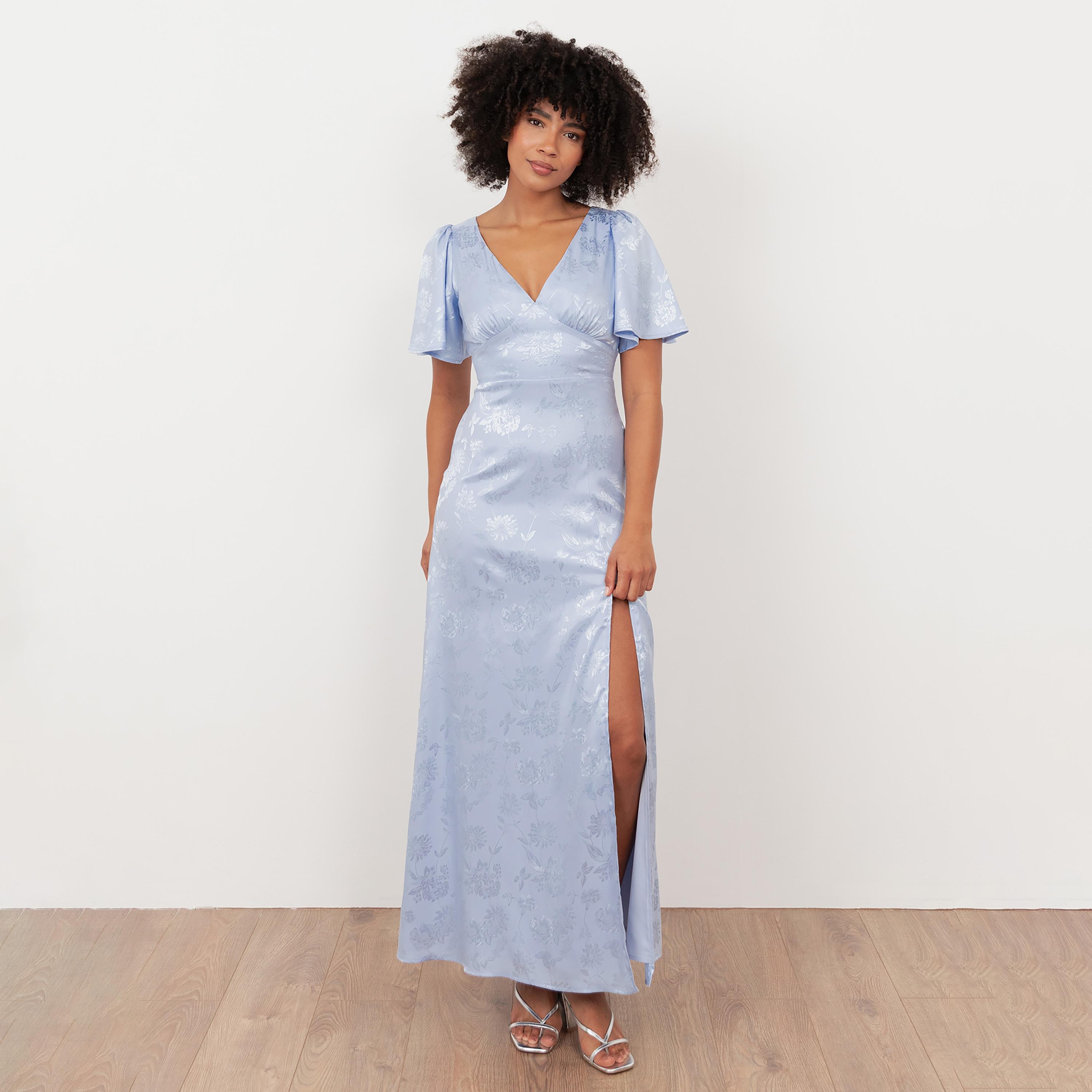Maya Deluxe Floral Jacquard Satin Flutter Sleeves Slit Women's Maxi Dress-women-clothing-dresses-image-1