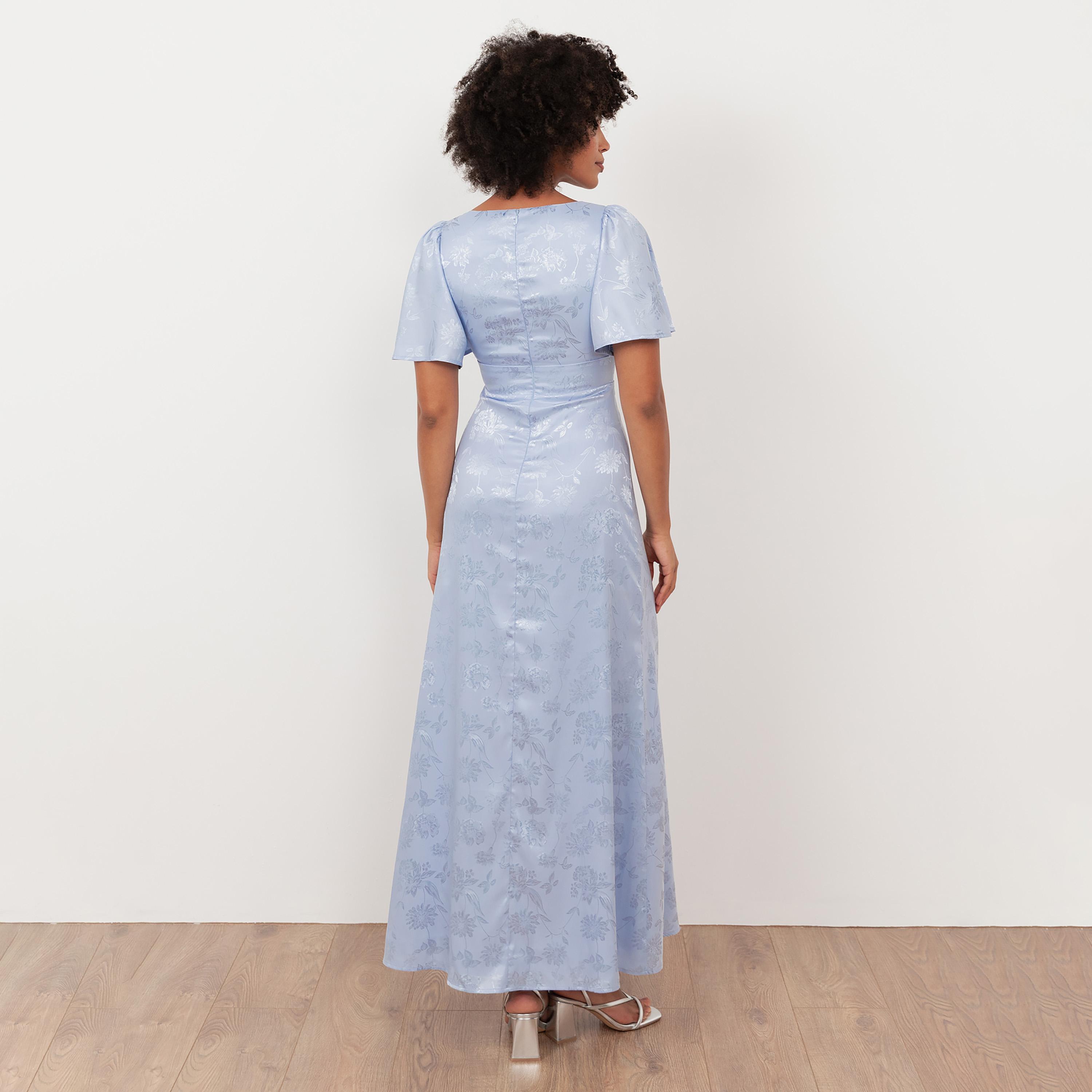 Maya Deluxe Floral Jacquard Satin Flutter Sleeves Slit Women's Maxi Dress-women-clothing-dresses-image-2