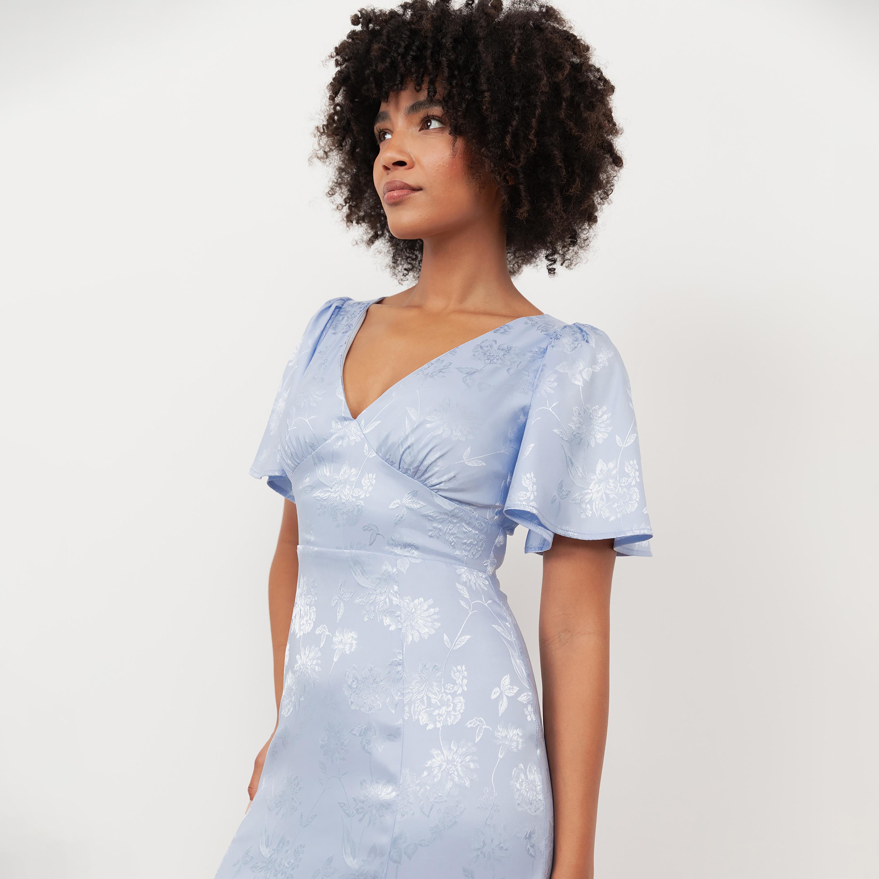Maya Deluxe Floral Jacquard Satin Flutter Sleeves Slit Women's Maxi Dress-women-clothing-dresses-image-3