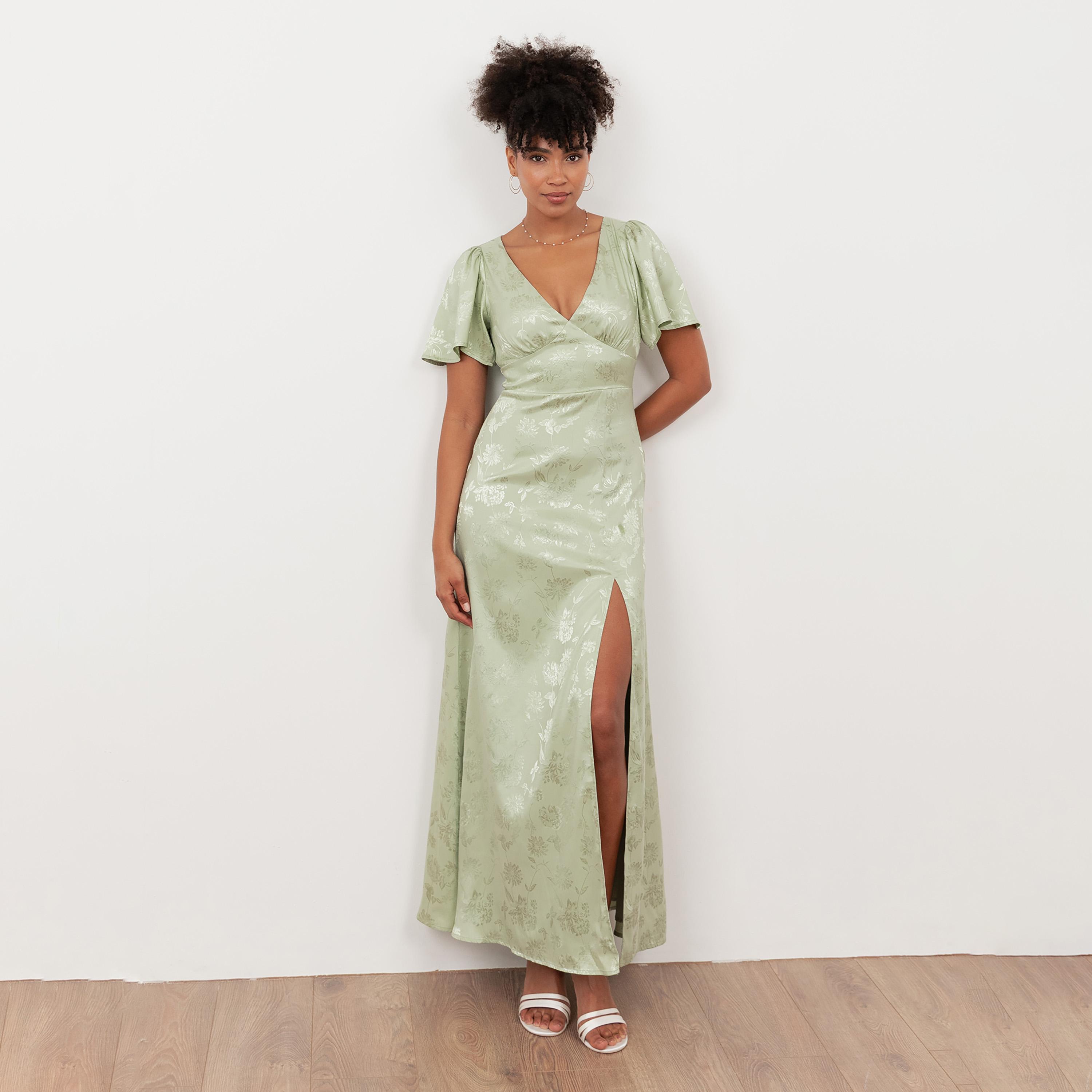 Maya Deluxe Floral Jacquard Satin Flutter Sleeves Slit Women's Maxi Dress-women-clothing-dresses-image-1