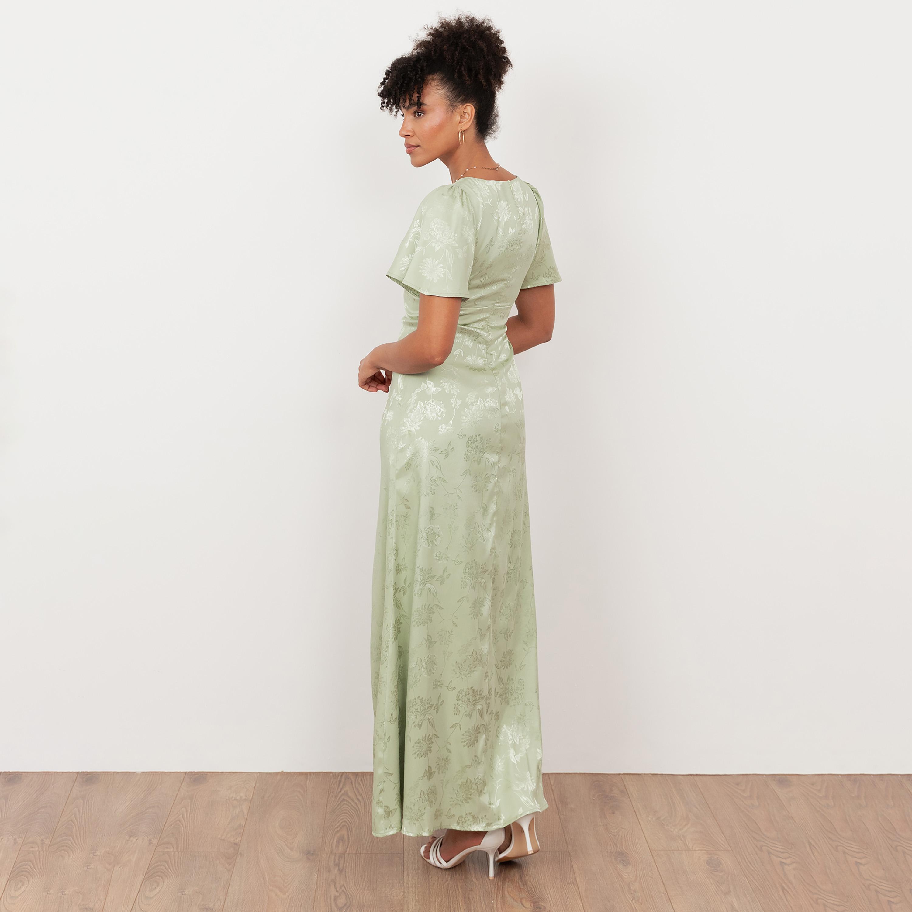 Maya Deluxe Floral Jacquard Satin Flutter Sleeves Slit Women's Maxi Dress-women-clothing-dresses-image-2