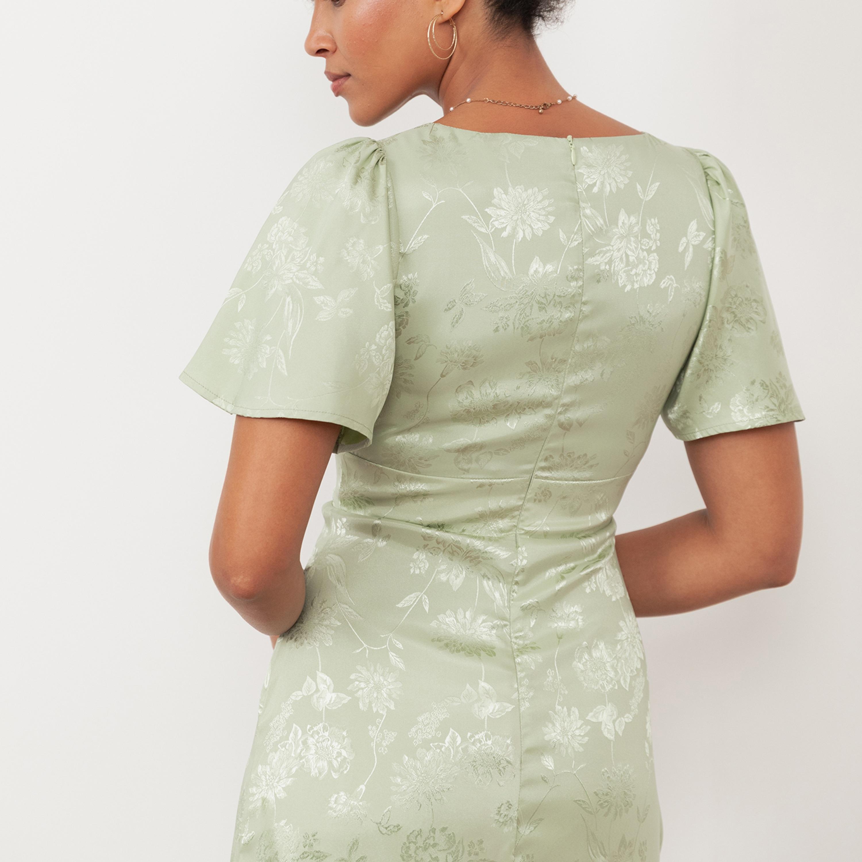 Maya Deluxe Floral Jacquard Satin Flutter Sleeves Slit Women's Maxi Dress-women-clothing-dresses-image-4
