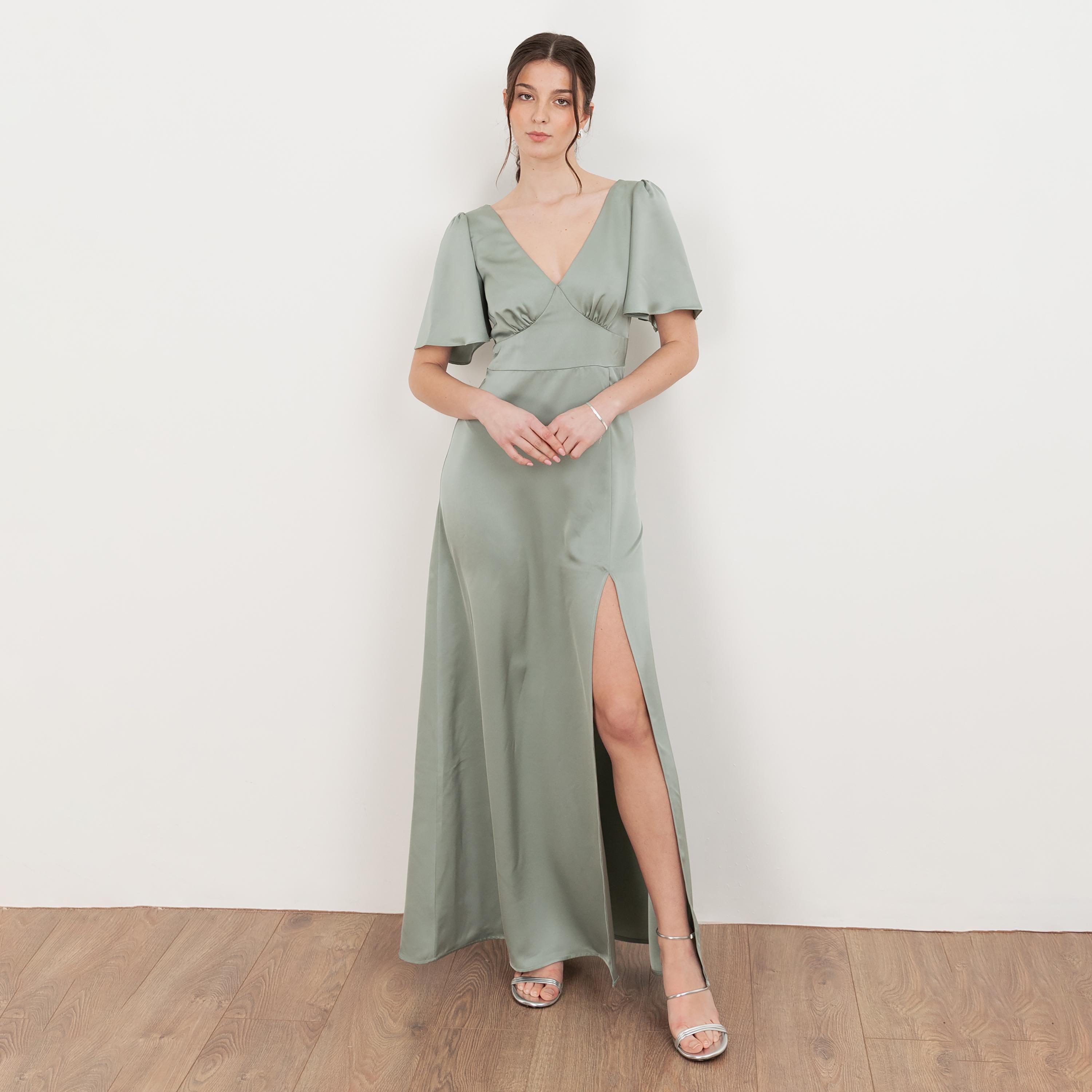 Maya Deluxe Satin Flutter Sleeves Slit Women's Evening Maxi Dress-women-clothing-dresses-image-1