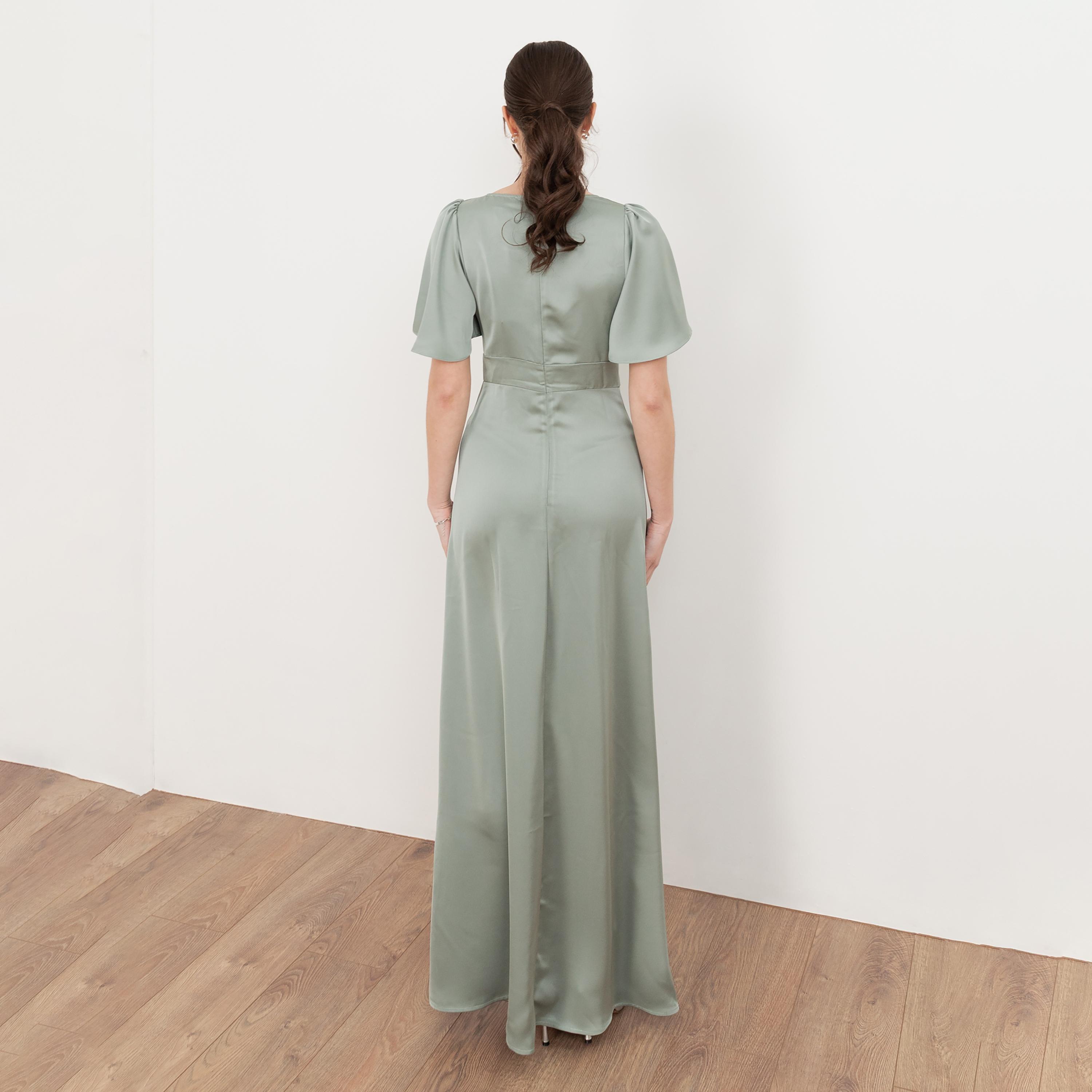 Maya Deluxe Satin Flutter Sleeves Slit Women's Evening Maxi Dress-women-clothing-dresses-image-2
