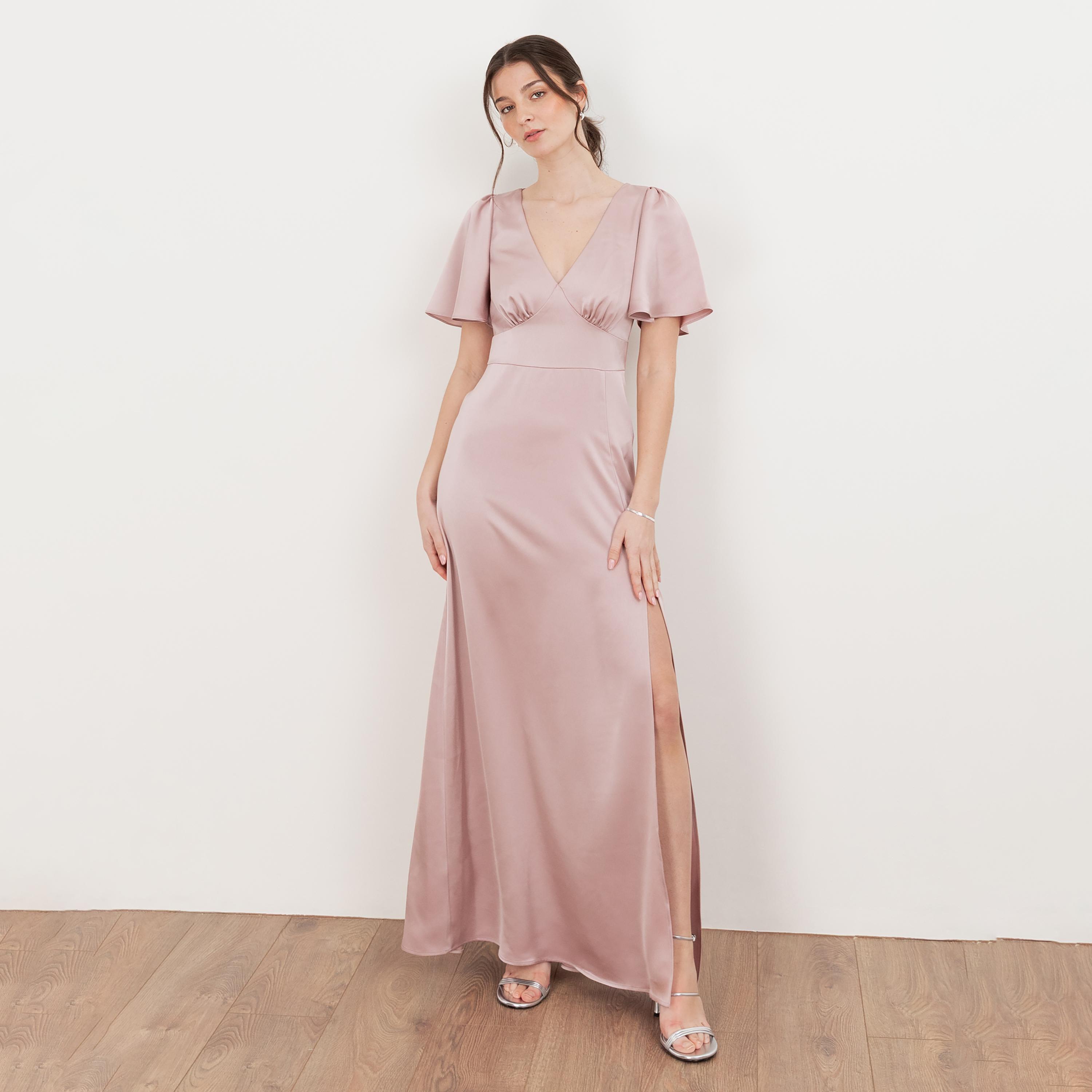 Maya Deluxe Satin Flutter Sleeves Slit Women's Evening Maxi Dress-women-clothing-dresses-image-1