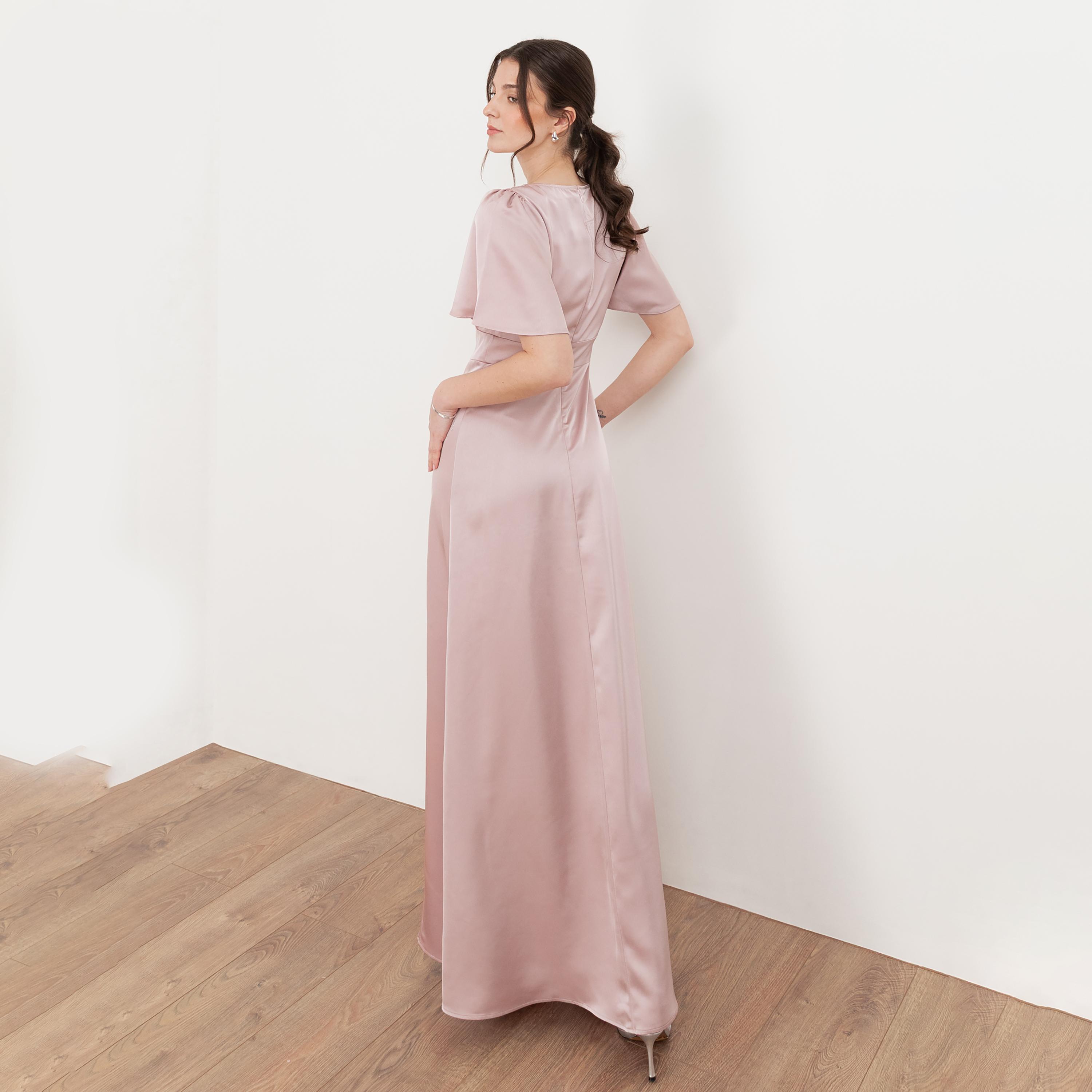 Maya Deluxe Satin Flutter Sleeves Slit Women's Evening Maxi Dress-women-clothing-dresses-image-2