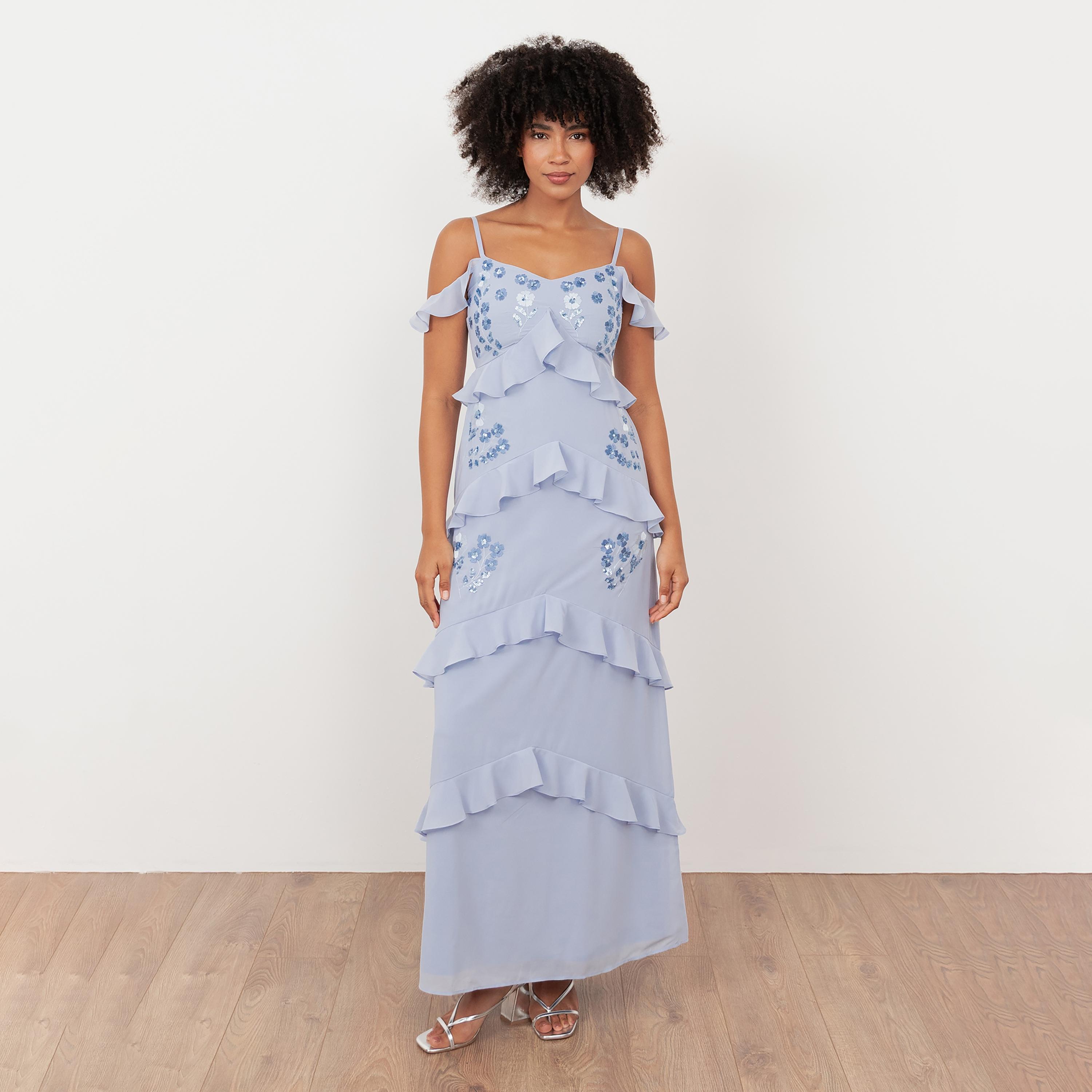 Maya Deluxe Pastel Blue Embroidered Georgette Cold Shoulder Ruffled Women's Evening Maxi Dress-women-clothing-dresses-image-1