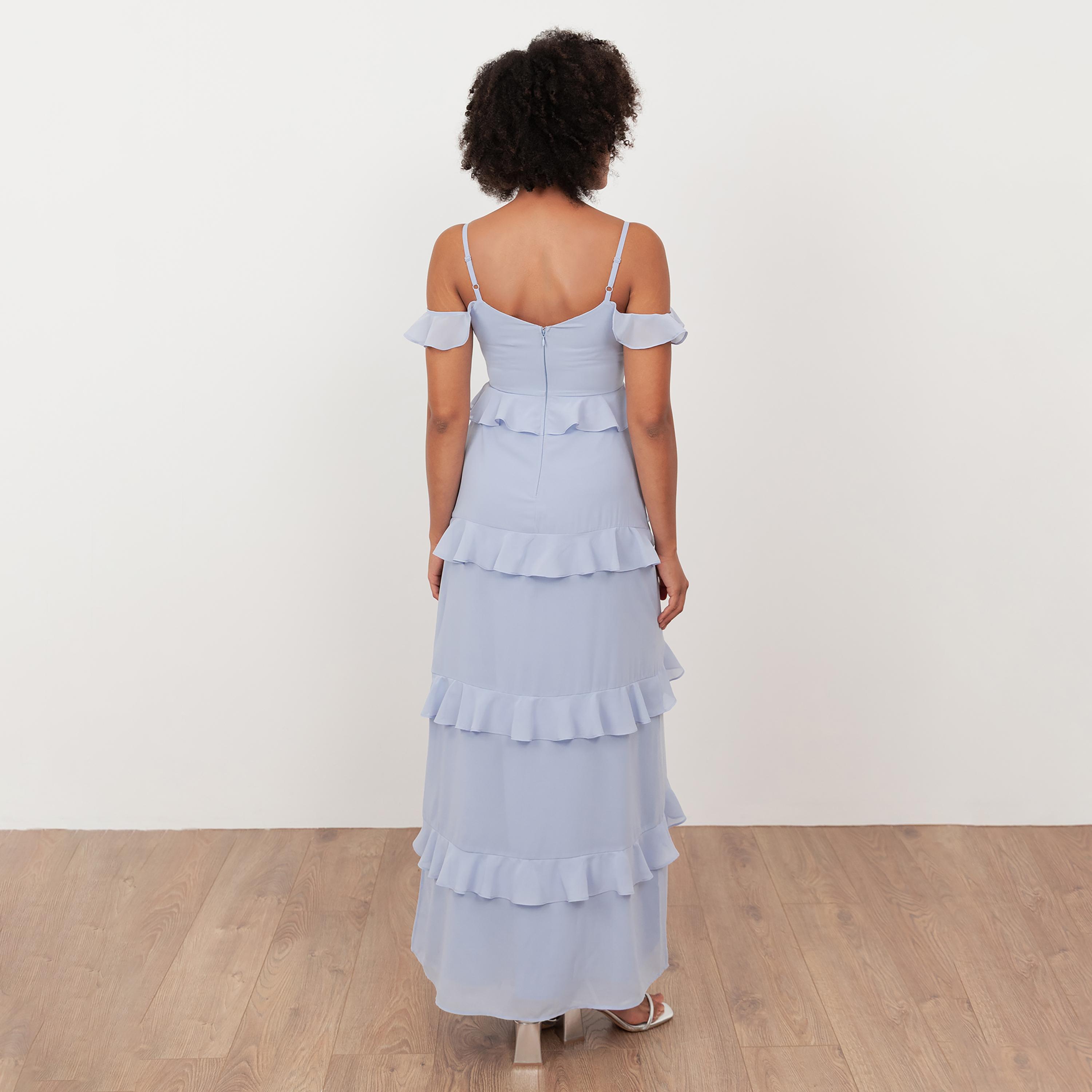 Maya Deluxe Pastel Blue Embroidered Georgette Cold Shoulder Ruffled Women's Evening Maxi Dress-women-clothing-dresses-image-2