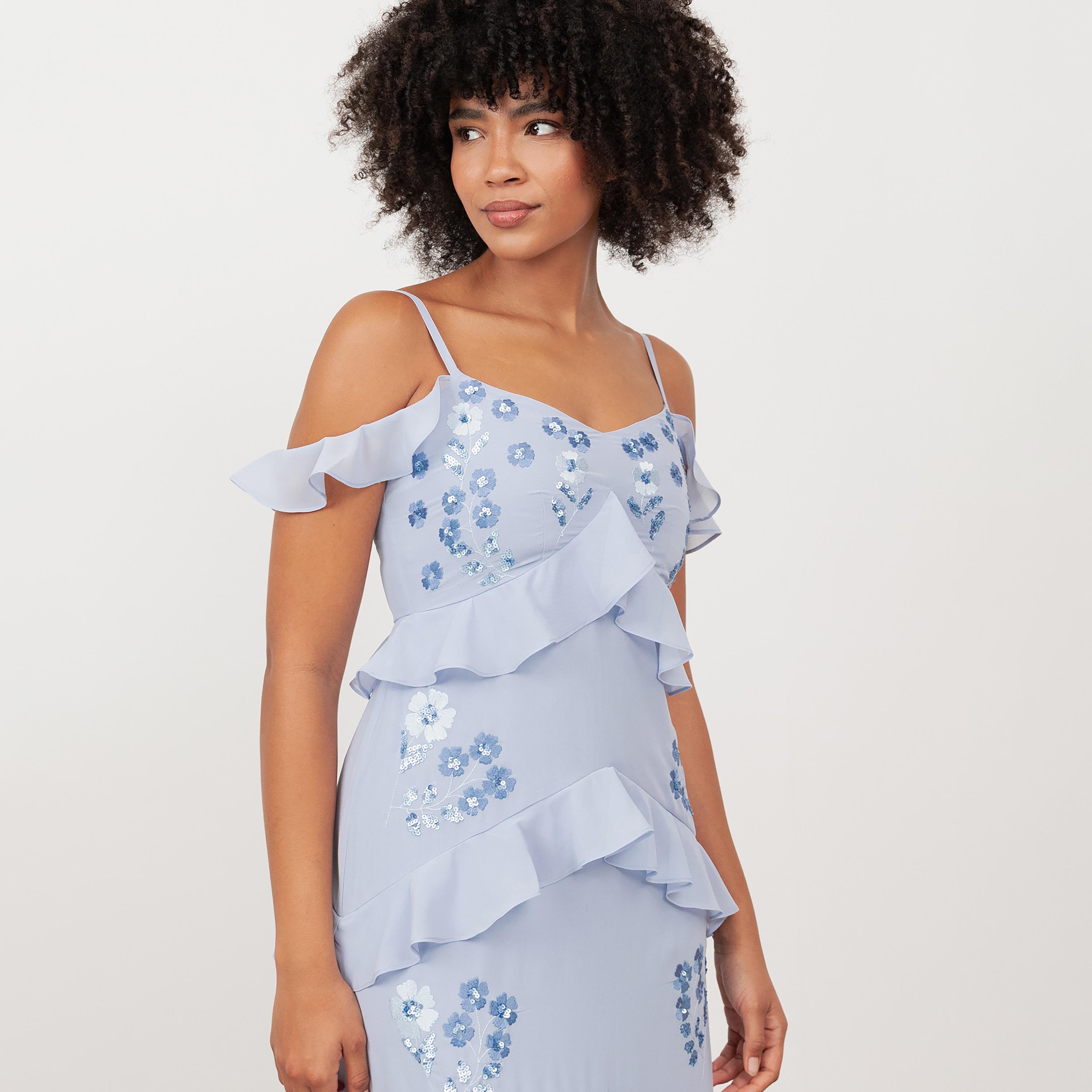 Maya Deluxe Pastel Blue Embroidered Georgette Cold Shoulder Ruffled Women's Evening Maxi Dress-women-clothing-dresses-image-3
