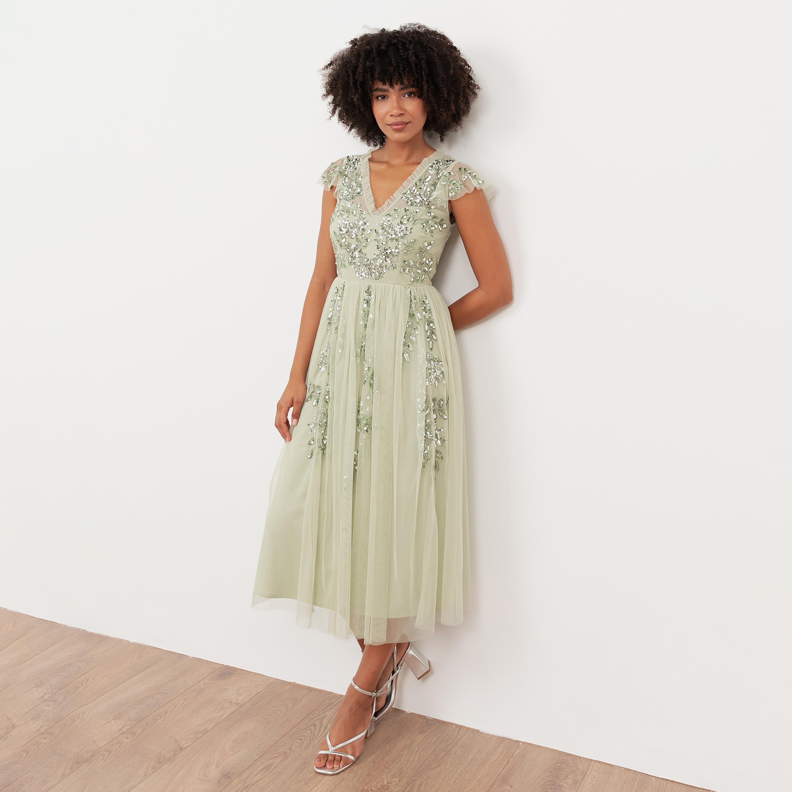 Maya Deluxe Meadow Green Sequined Tulle Cap Sleeves Fit & Flared Women's Midi Dress-women-clothing-dresses-image-1