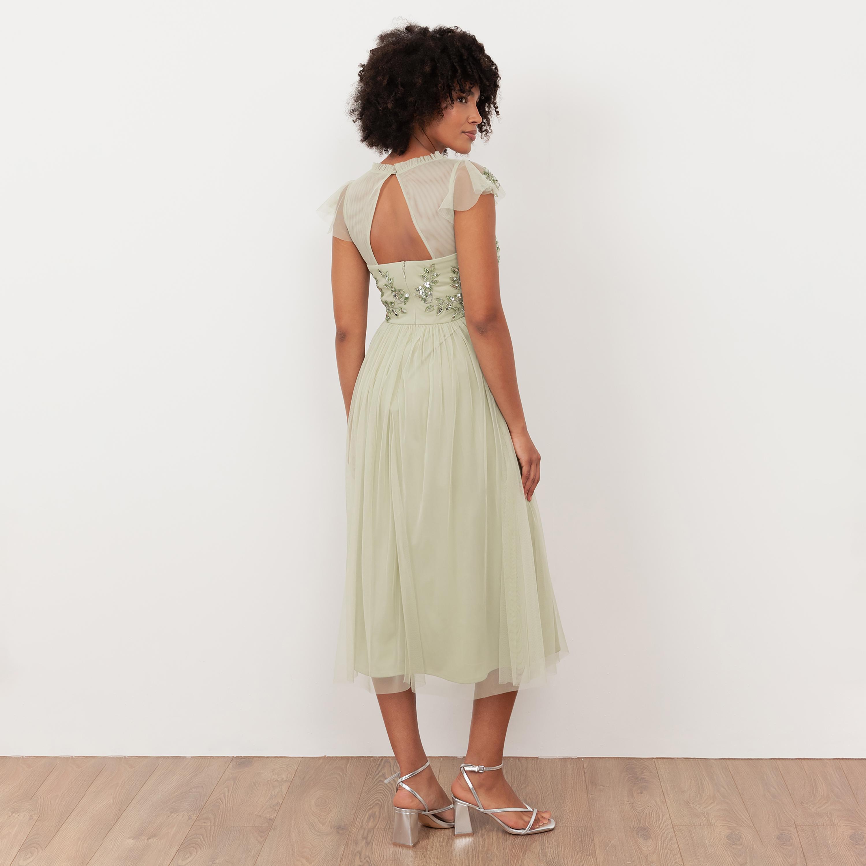 Maya Deluxe Meadow Green Sequined Tulle Cap Sleeves Fit & Flared Women's Midi Dress-women-clothing-dresses-image-2