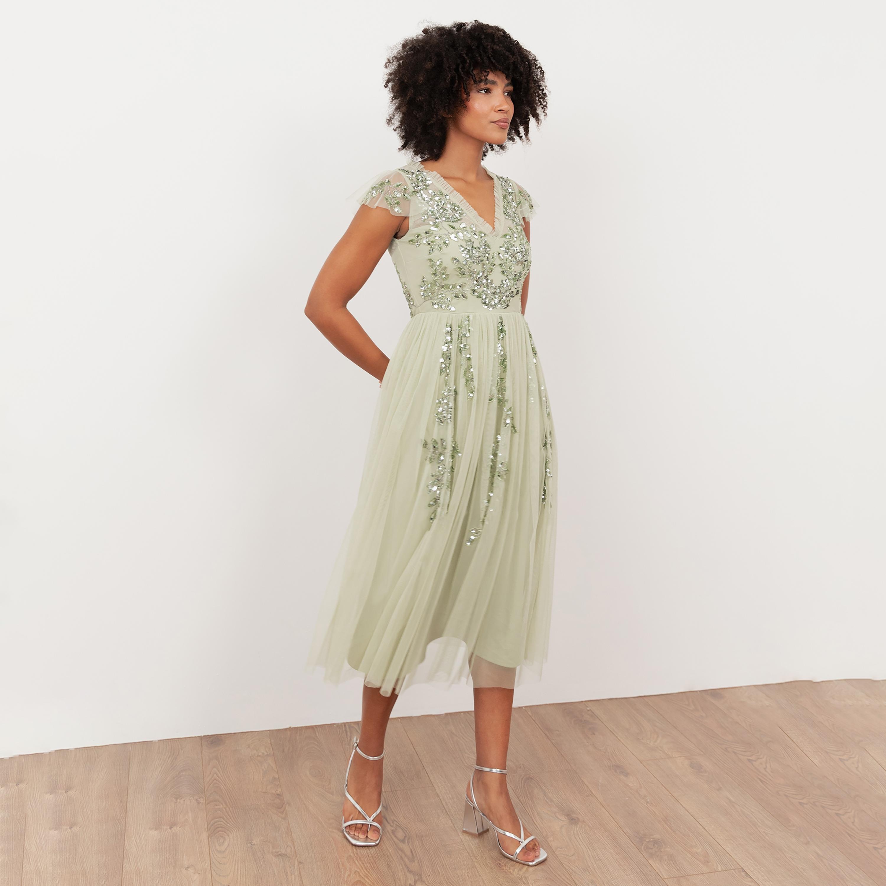 Maya Deluxe Meadow Green Sequined Tulle Cap Sleeves Fit & Flared Women's Midi Dress-women-clothing-dresses-image-3