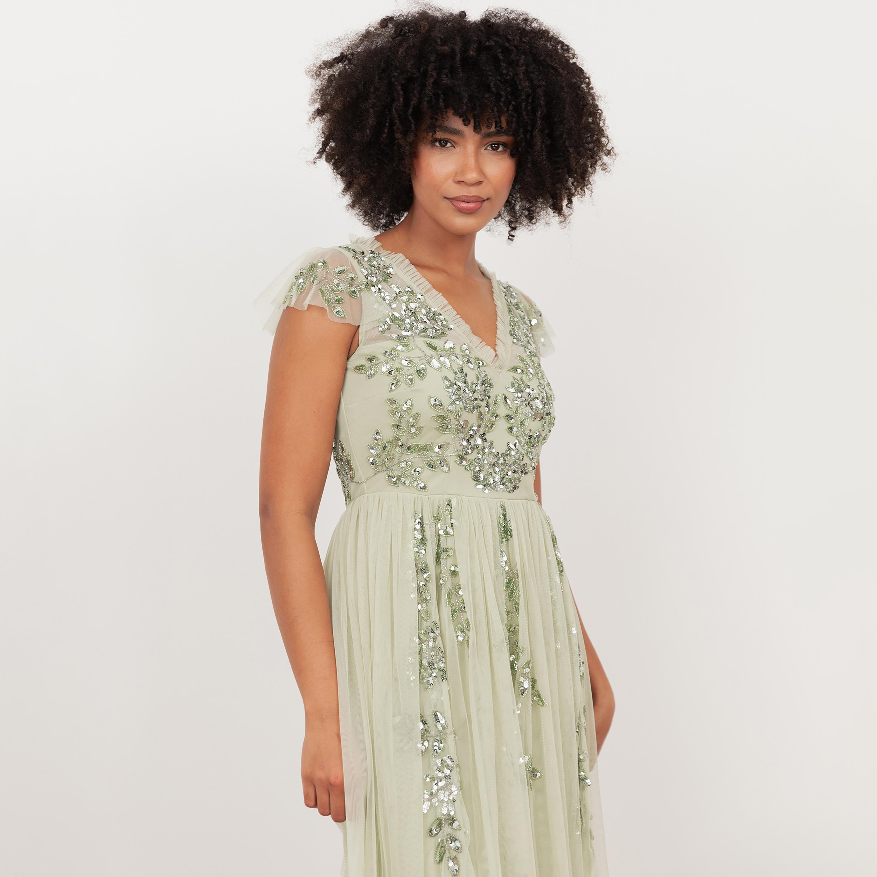 Maya Deluxe Meadow Green Sequined Tulle Cap Sleeves Fit & Flared Women's Midi Dress-women-clothing-dresses-image-4