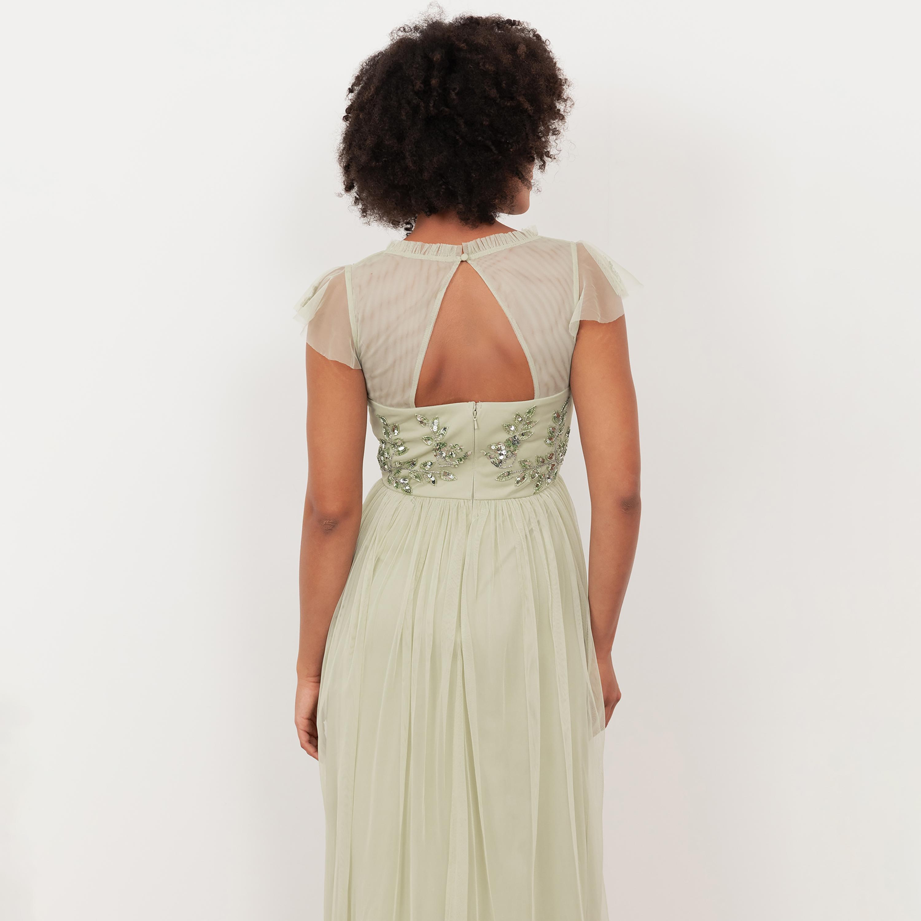 Maya Deluxe Meadow Green Sequined Tulle Cap Sleeves Fit & Flared Women's Midi Dress-women-clothing-dresses-image-5