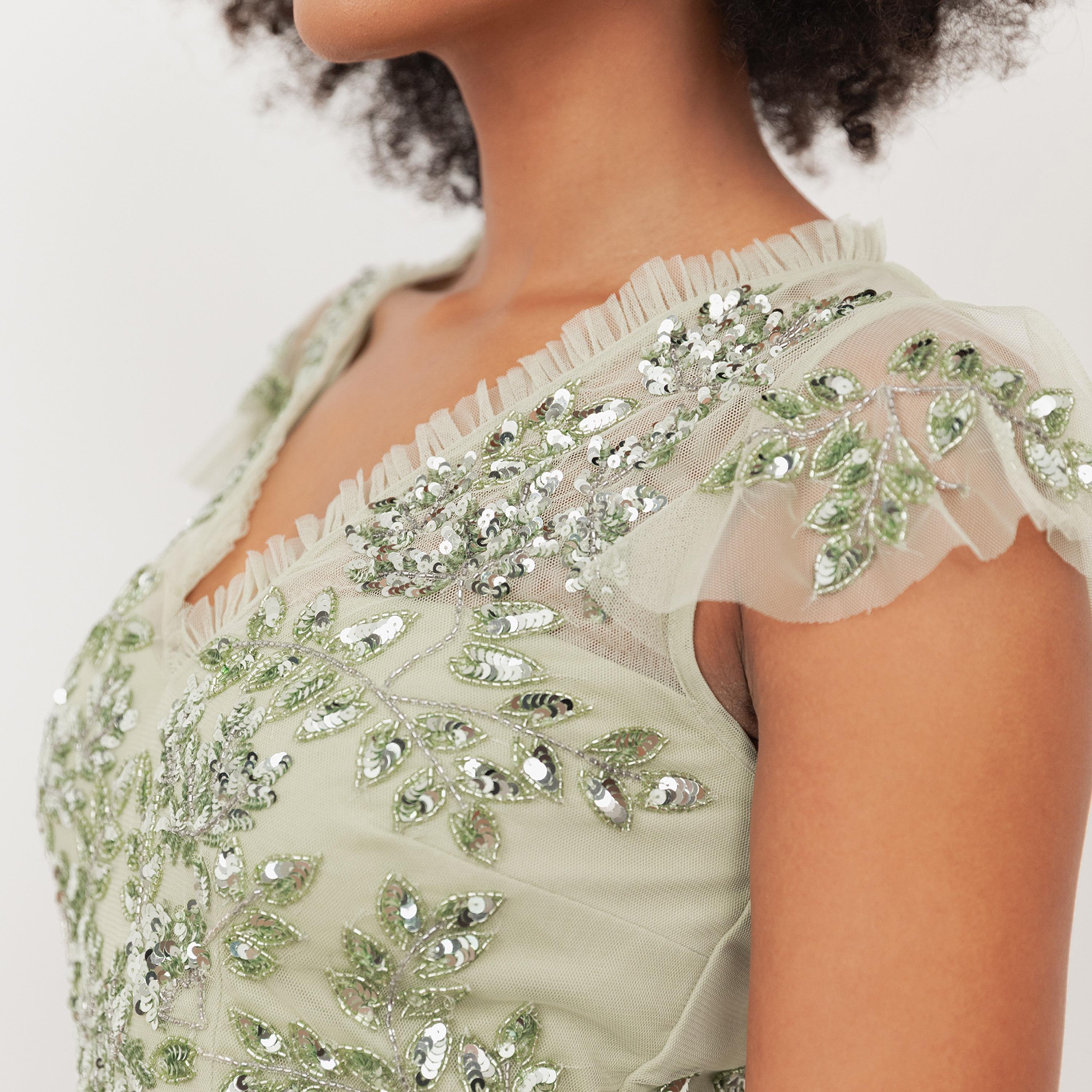 Maya Deluxe Meadow Green Sequined Tulle Cap Sleeves Fit & Flared Women's Midi Dress-women-clothing-dresses-image-6