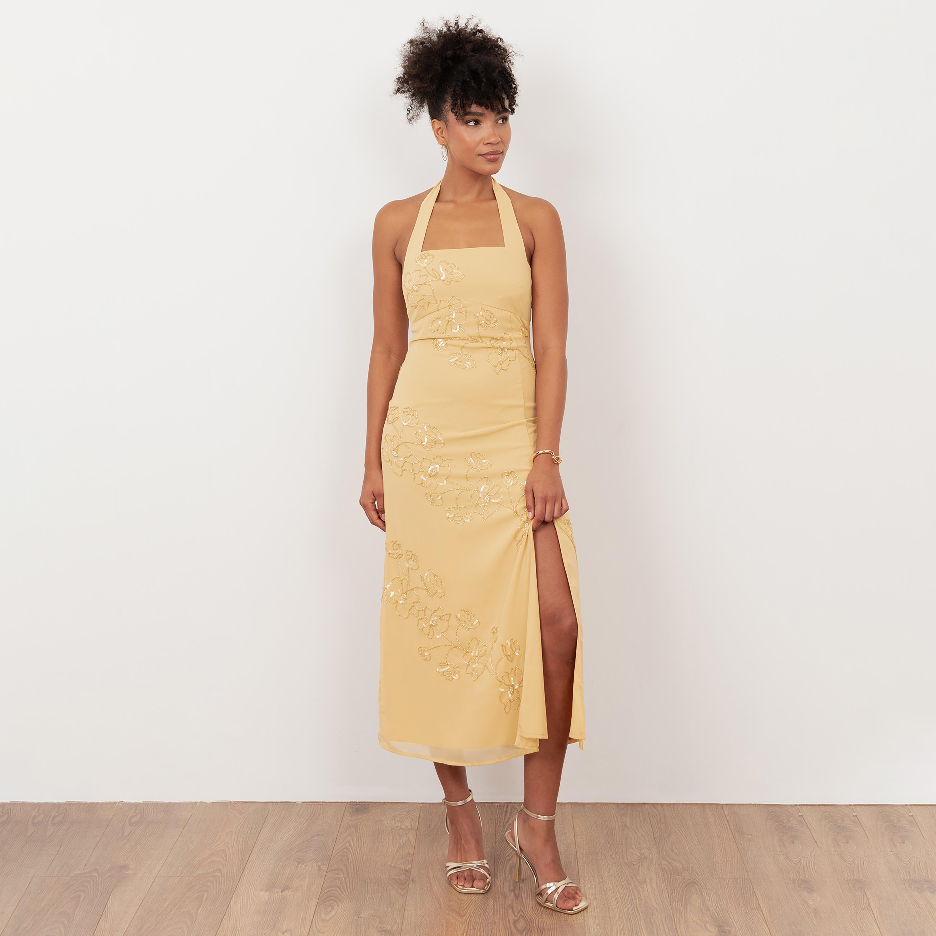 Maya Deluxe Buttercream Beaded Georgette Halter Neck Slit Women's Midi Dress-women-clothing-dresses-image-1