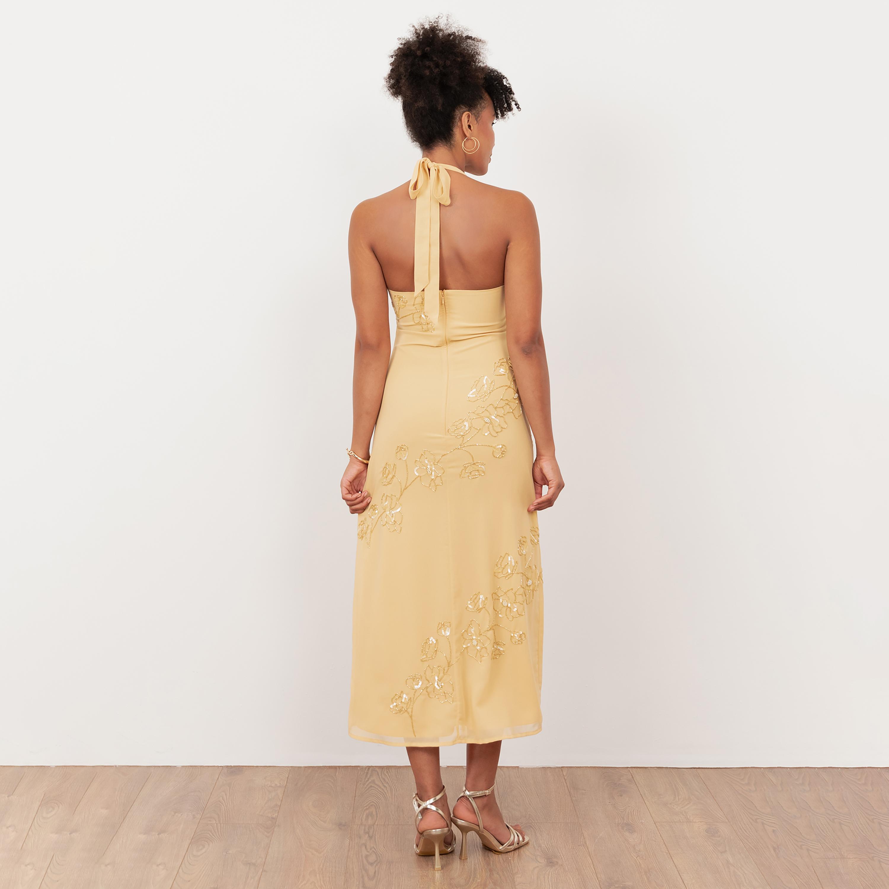 Maya Deluxe Buttercream Beaded Georgette Halter Neck Slit Women's Midi Dress-women-clothing-dresses-image-2