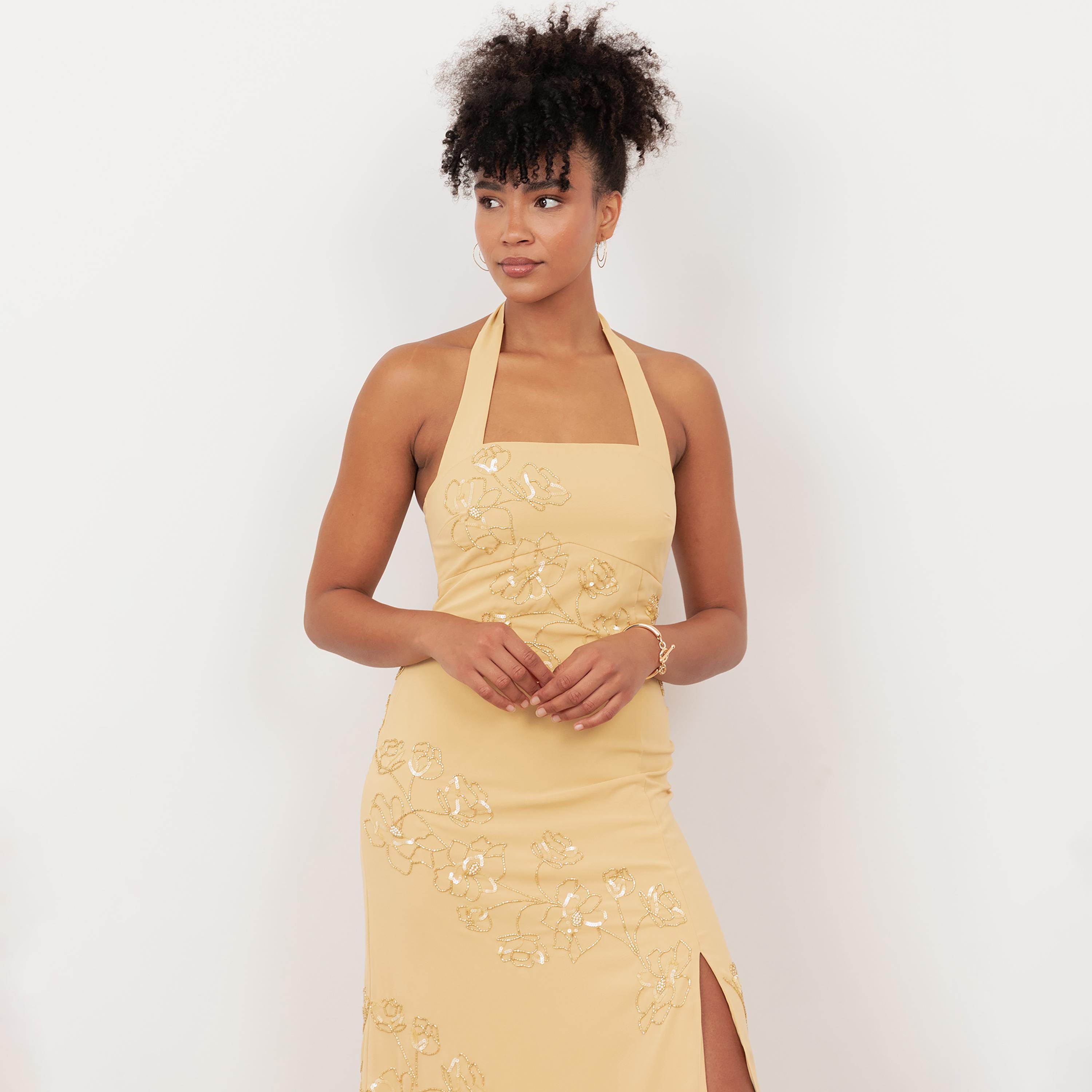Maya Deluxe Buttercream Beaded Georgette Halter Neck Slit Women's Midi Dress-women-clothing-dresses-image-3