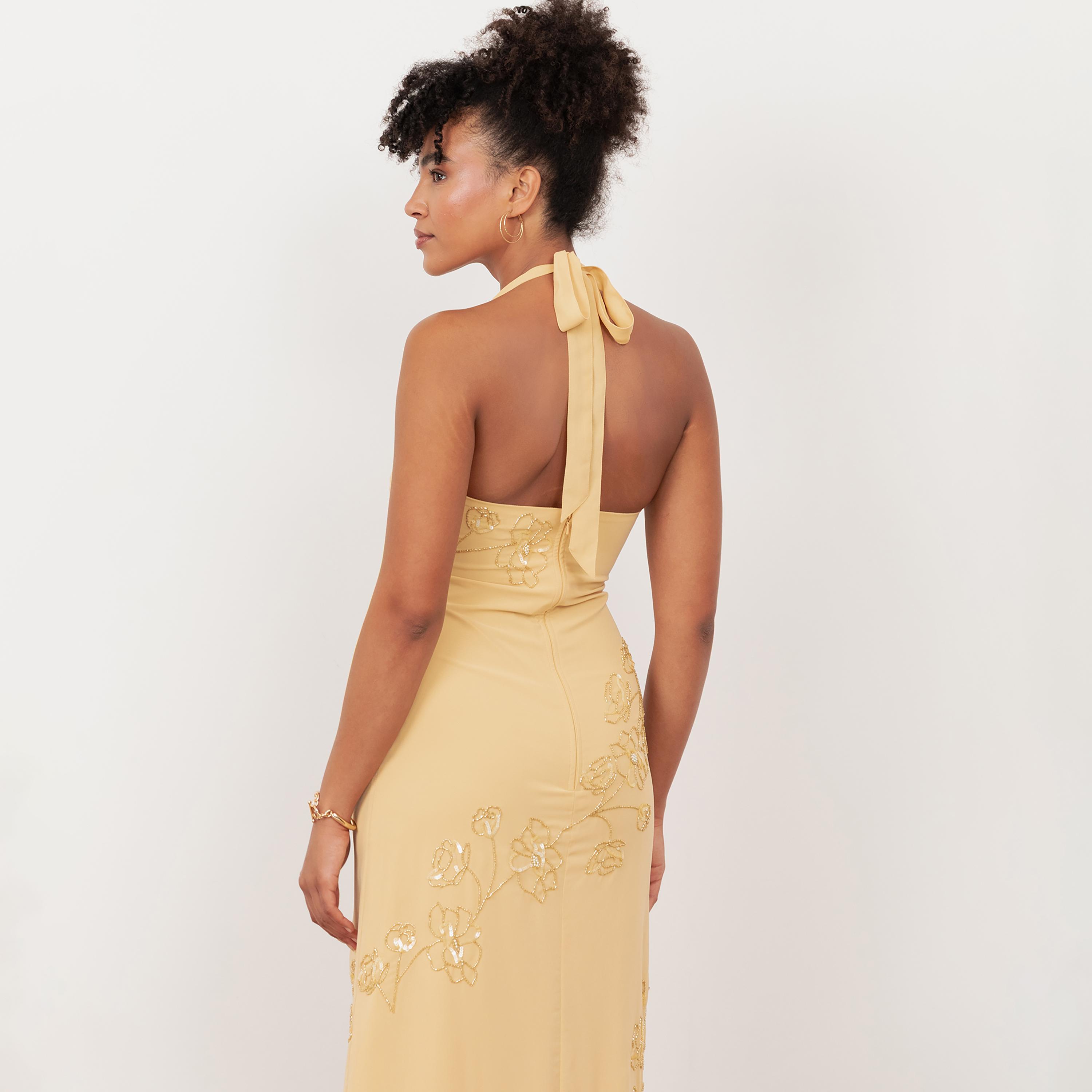 Maya Deluxe Buttercream Beaded Georgette Halter Neck Slit Women's Midi Dress-women-clothing-dresses-image-4