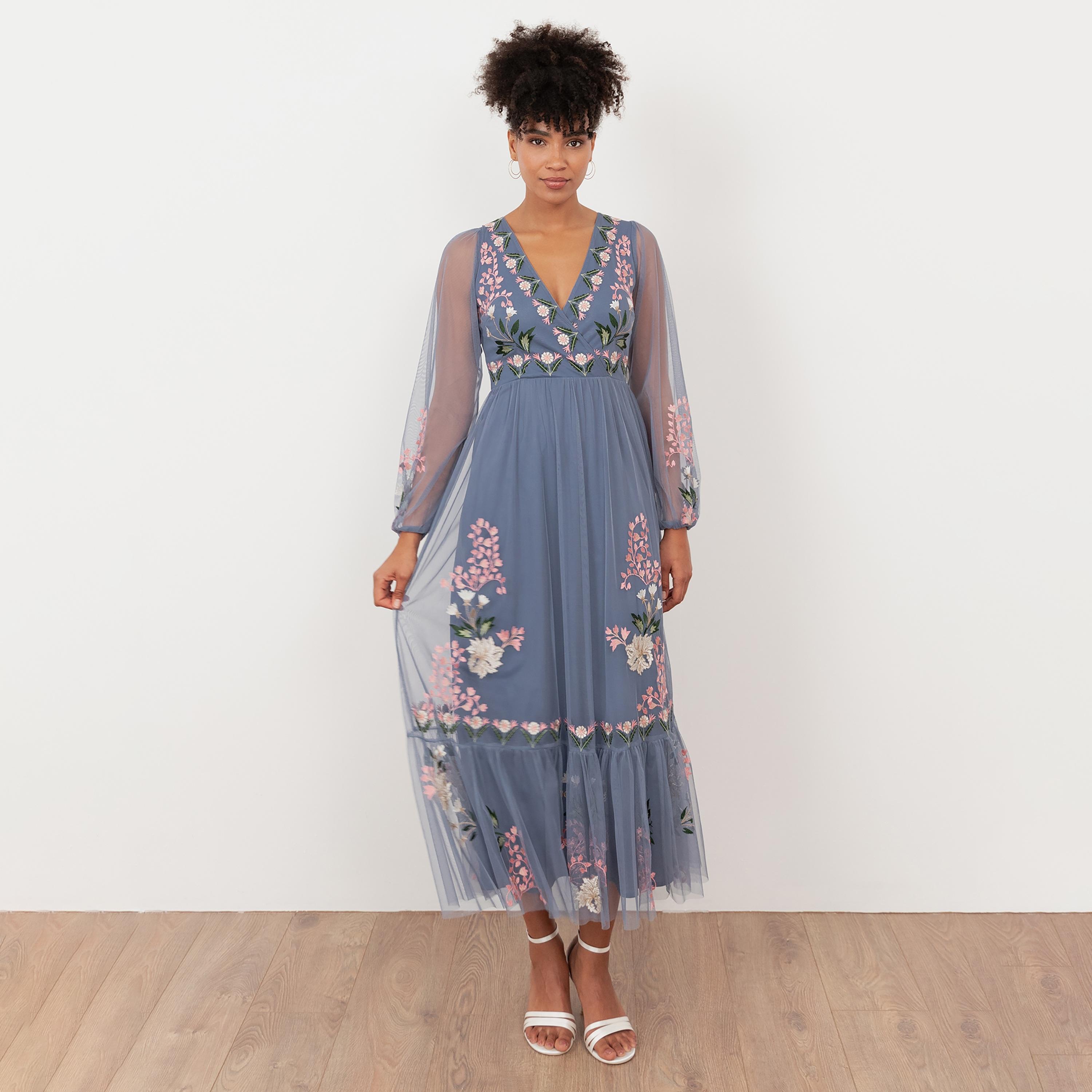 Maya Deluxe Blue Floral Embroidered Tulle Surplice Neck Fit & Flared Women's Midi Dress-women-clothing-dresses-image-1