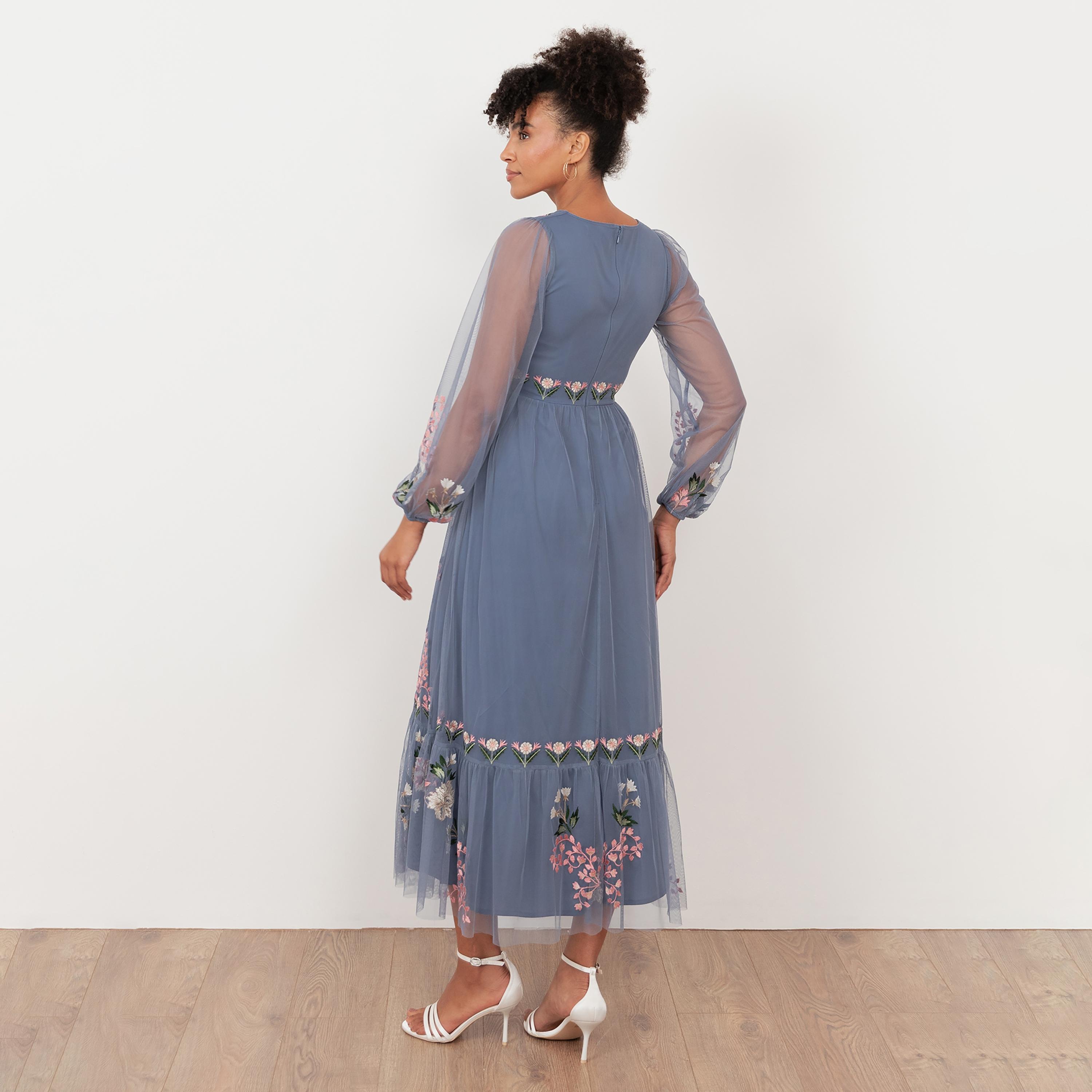 Maya Deluxe Blue Floral Embroidered Tulle Surplice Neck Fit & Flared Women's Midi Dress-women-clothing-dresses-image-2