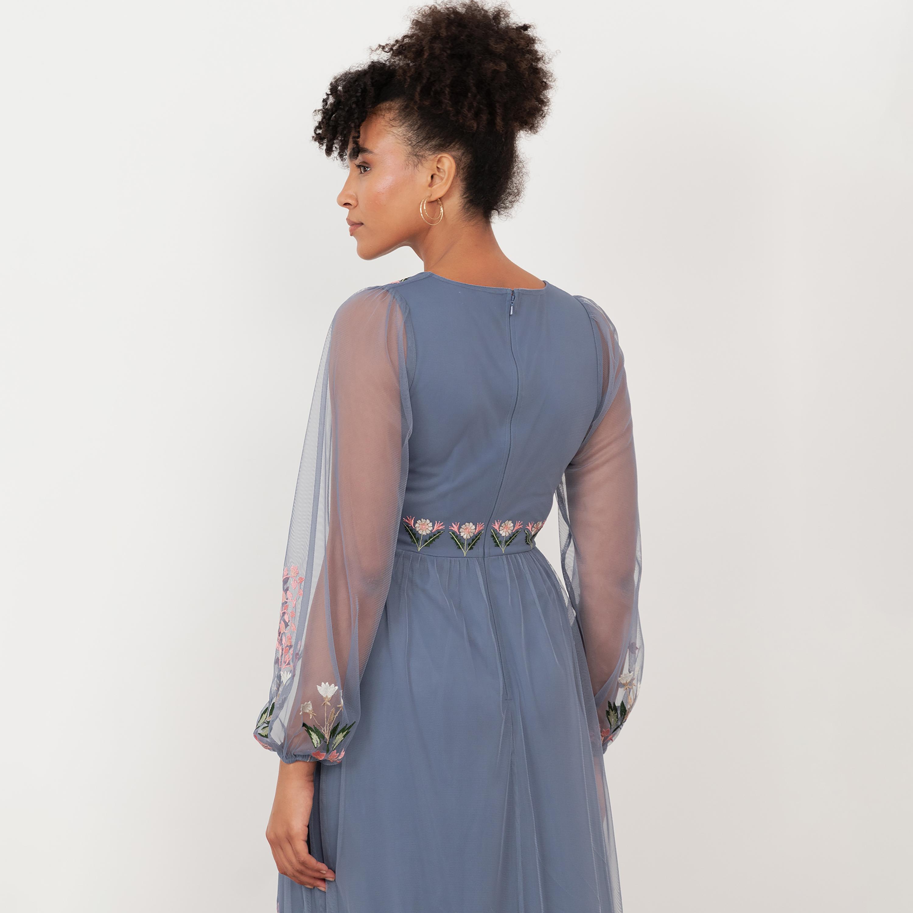 Maya Deluxe Blue Floral Embroidered Tulle Surplice Neck Fit & Flared Women's Midi Dress-women-clothing-dresses-image-4