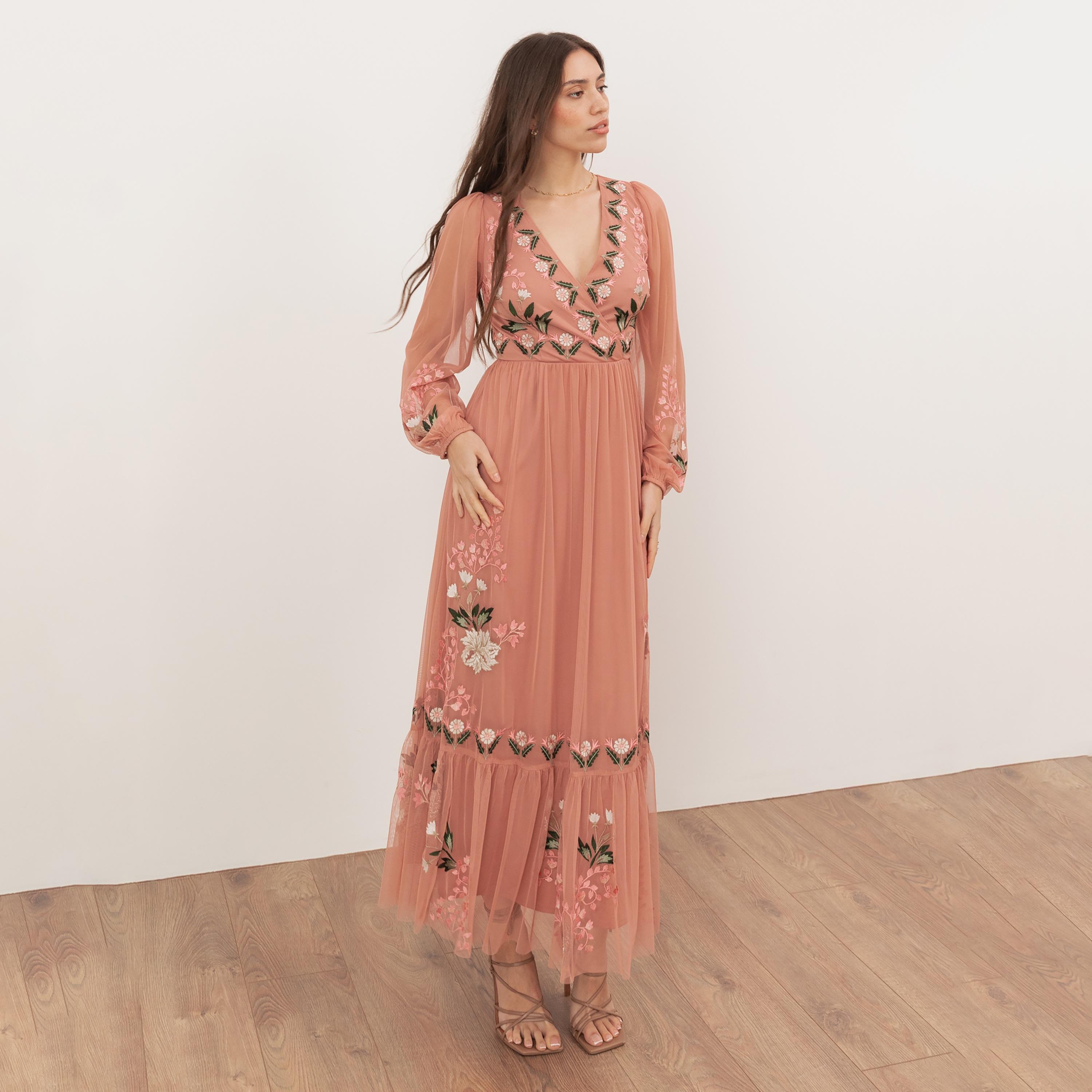 Maya Deluxe Blue Floral Embroidered Tulle Surplice Neck Fit & Flared Women's Midi Dress-women-clothing-dresses-image-1