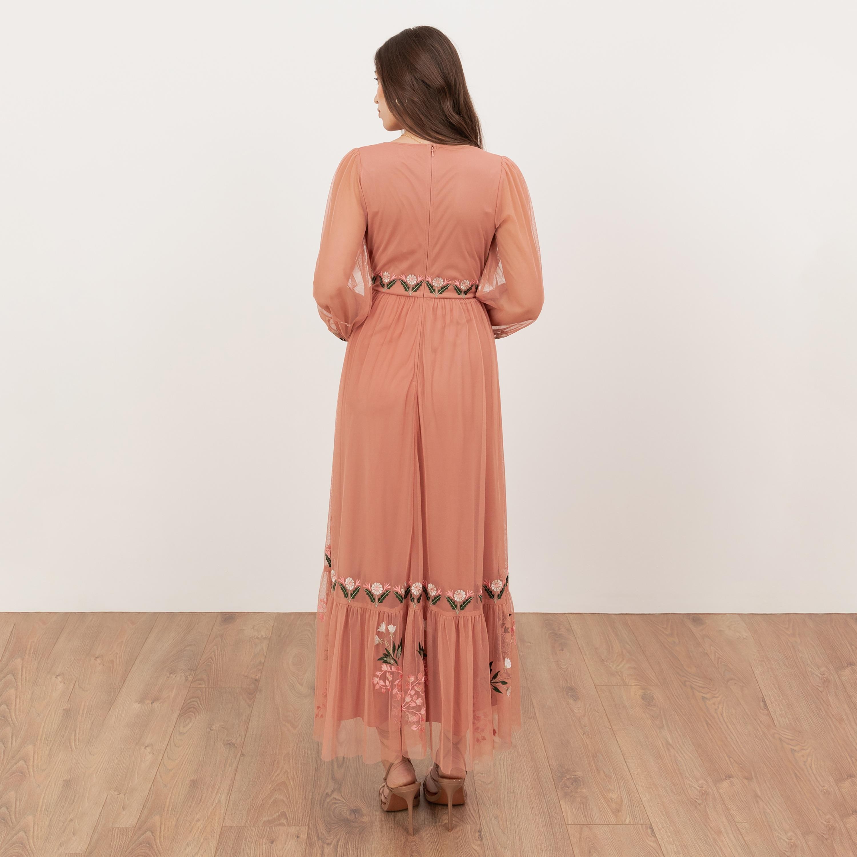 Maya Deluxe Blue Floral Embroidered Tulle Surplice Neck Fit & Flared Women's Midi Dress-women-clothing-dresses-image-2
